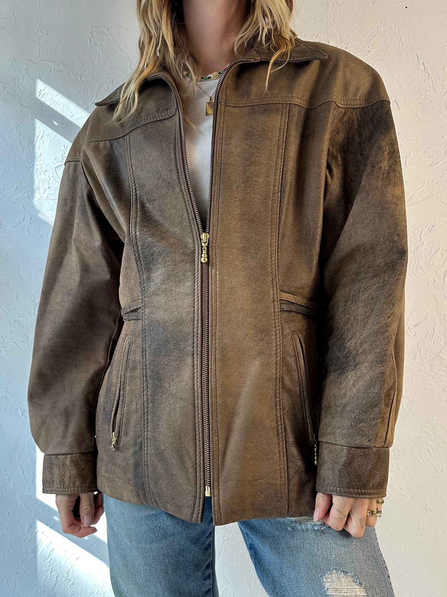 90s 'Leather Ranch' Brown Leather Jacket / Medium