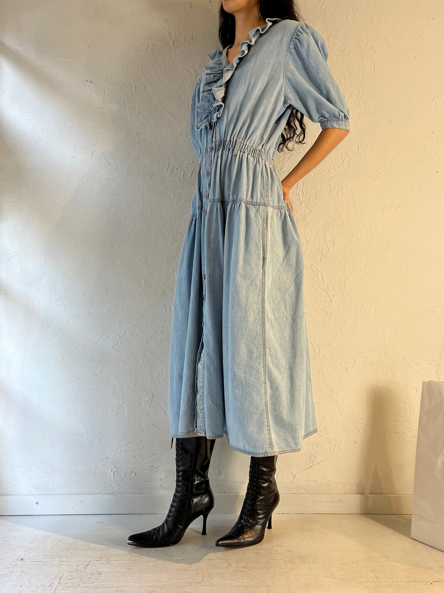 90s ‘Uni Mondo’ Ruffle Denim Dress / Large