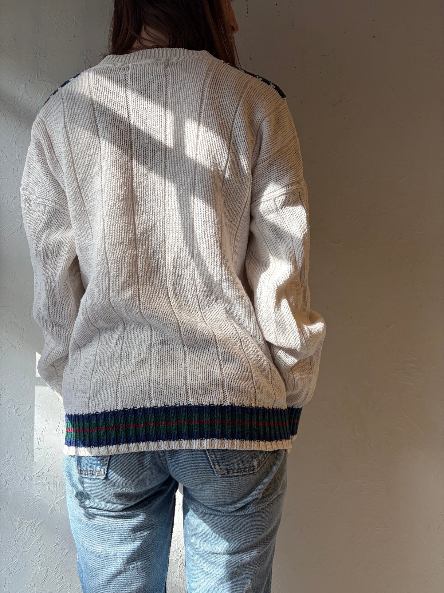 90s 'American Weekend' White V-Neck Sweater / Medium