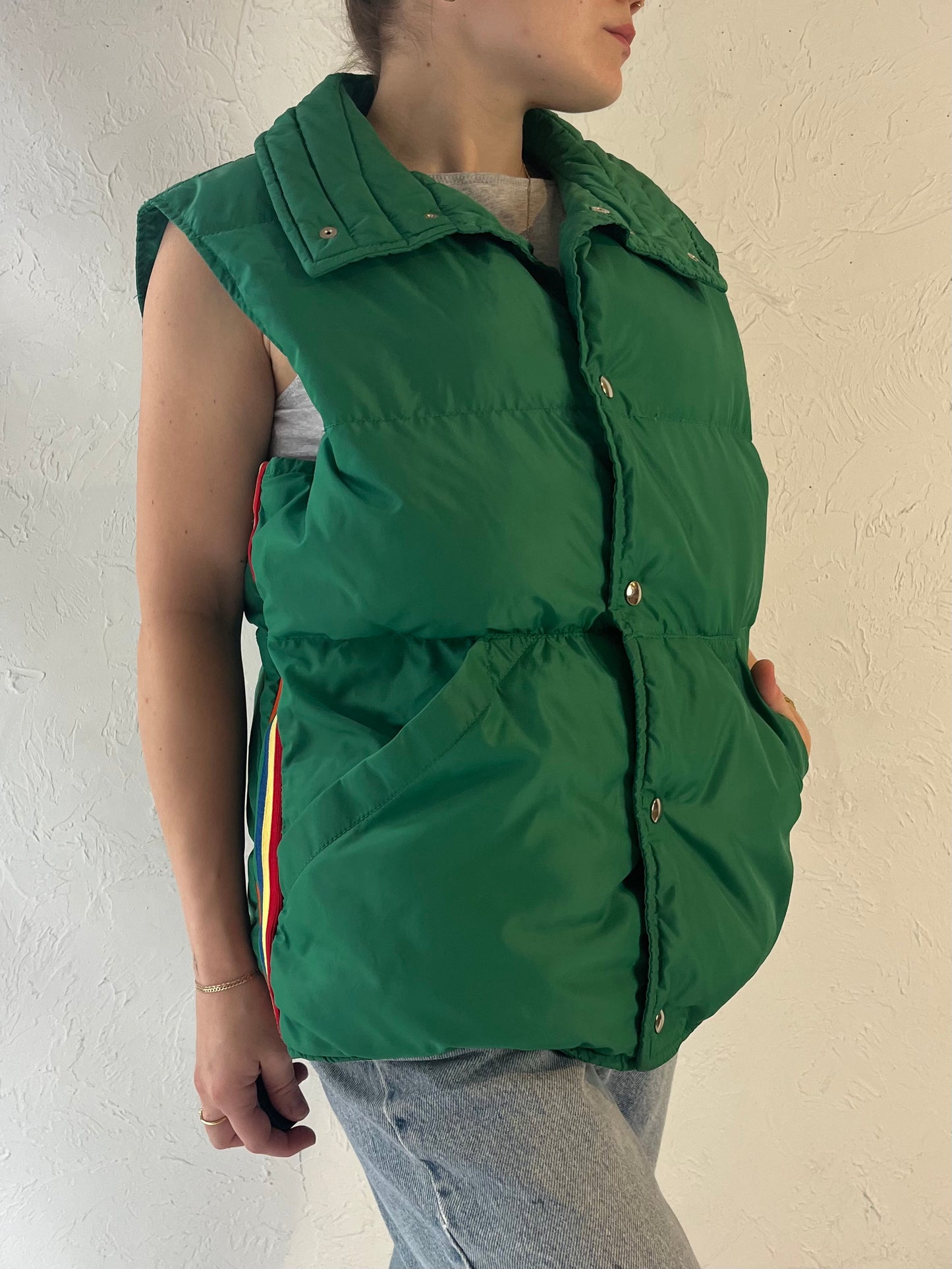 80s 'Topher' Green Quilted Nylon Down Puffer Vest / Large