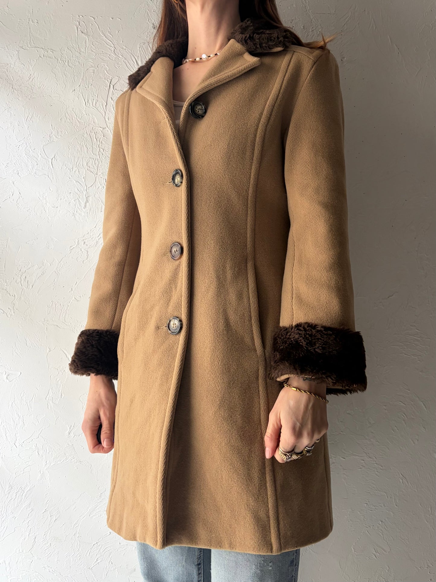 Y2k 'Kookai' Tan Faux Fur Preppy Academia Double Breasted Coat / Small
