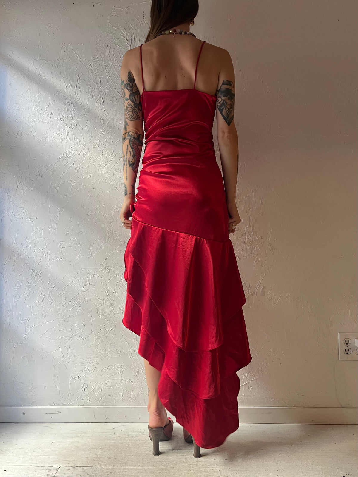 Y2K ‘Blondie Nites’ Red Satin Asymmetrical Ruffle Prom Formal Party Maxi Dress / Small