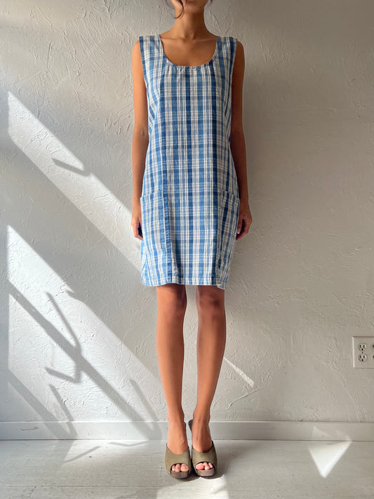 90s 'Cherokee' Plaid Denim Sleeveless Mini Dress Vintage Cottagecore Grunge Overall Dress / Medium