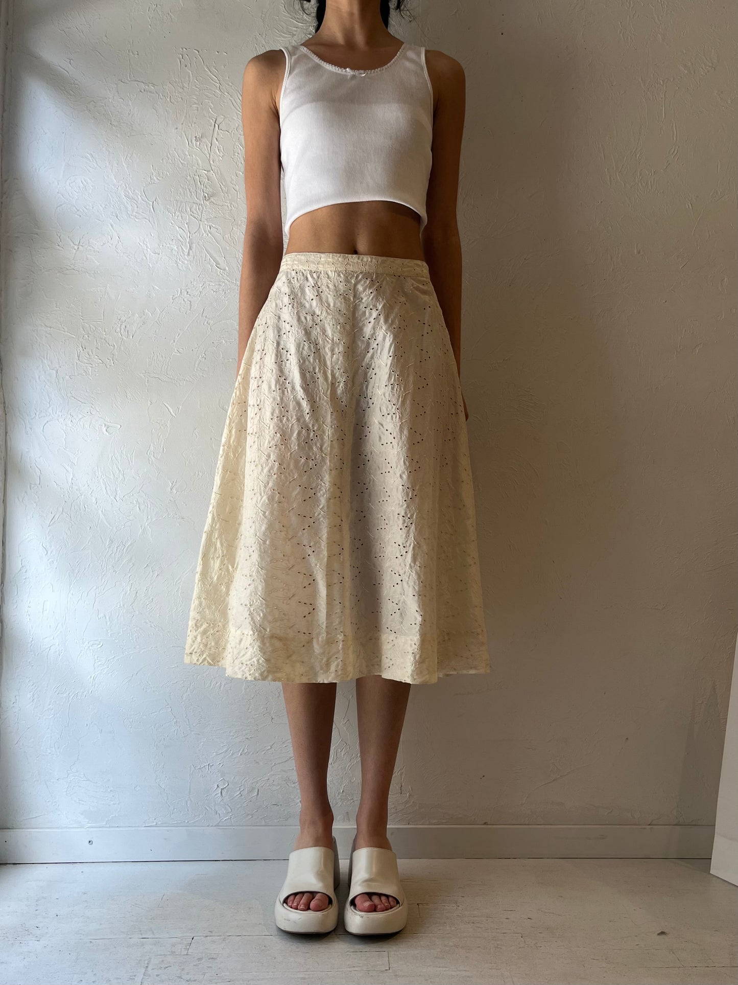 Vintage Cream Eyelet Butterfly Print Midi Skirt / Small