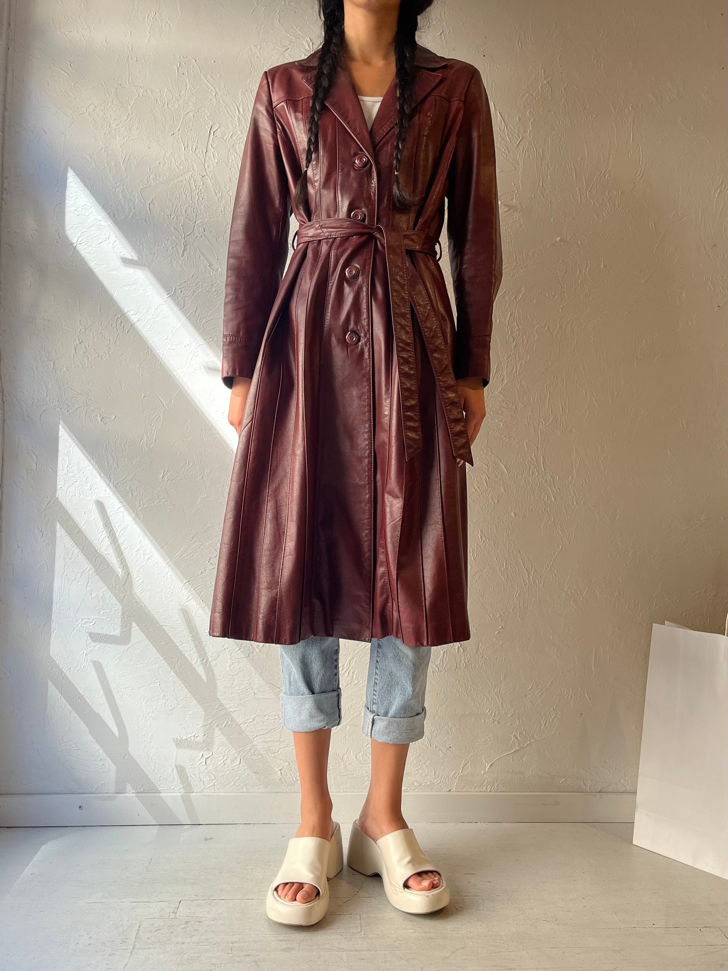 90s 'Wilsons' Burgundy Leather Trench Coat / Medium