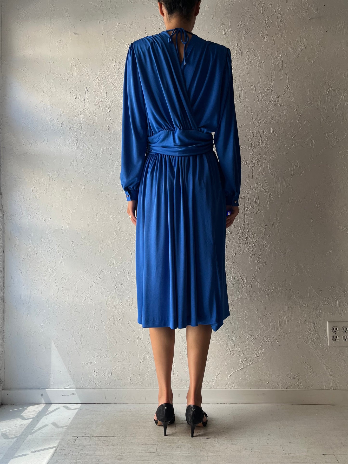 80s 'Matinee' Retro Blue Midi Party Dress / Medium