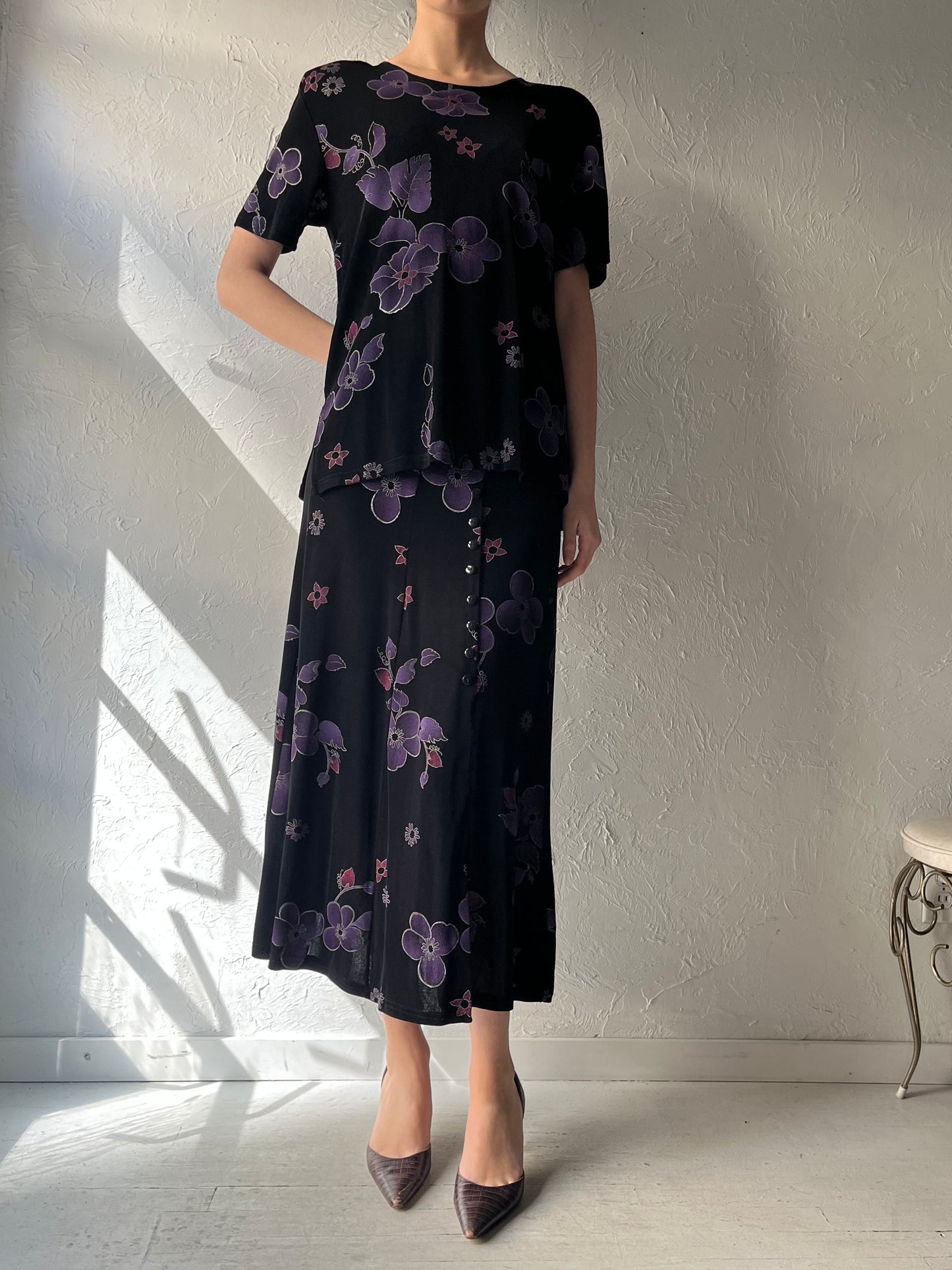 80s 'Jo Star' Black Floral Grunge Top and Skirt Set / Vintage 1980s Reto Two Piece Matching Set / Small