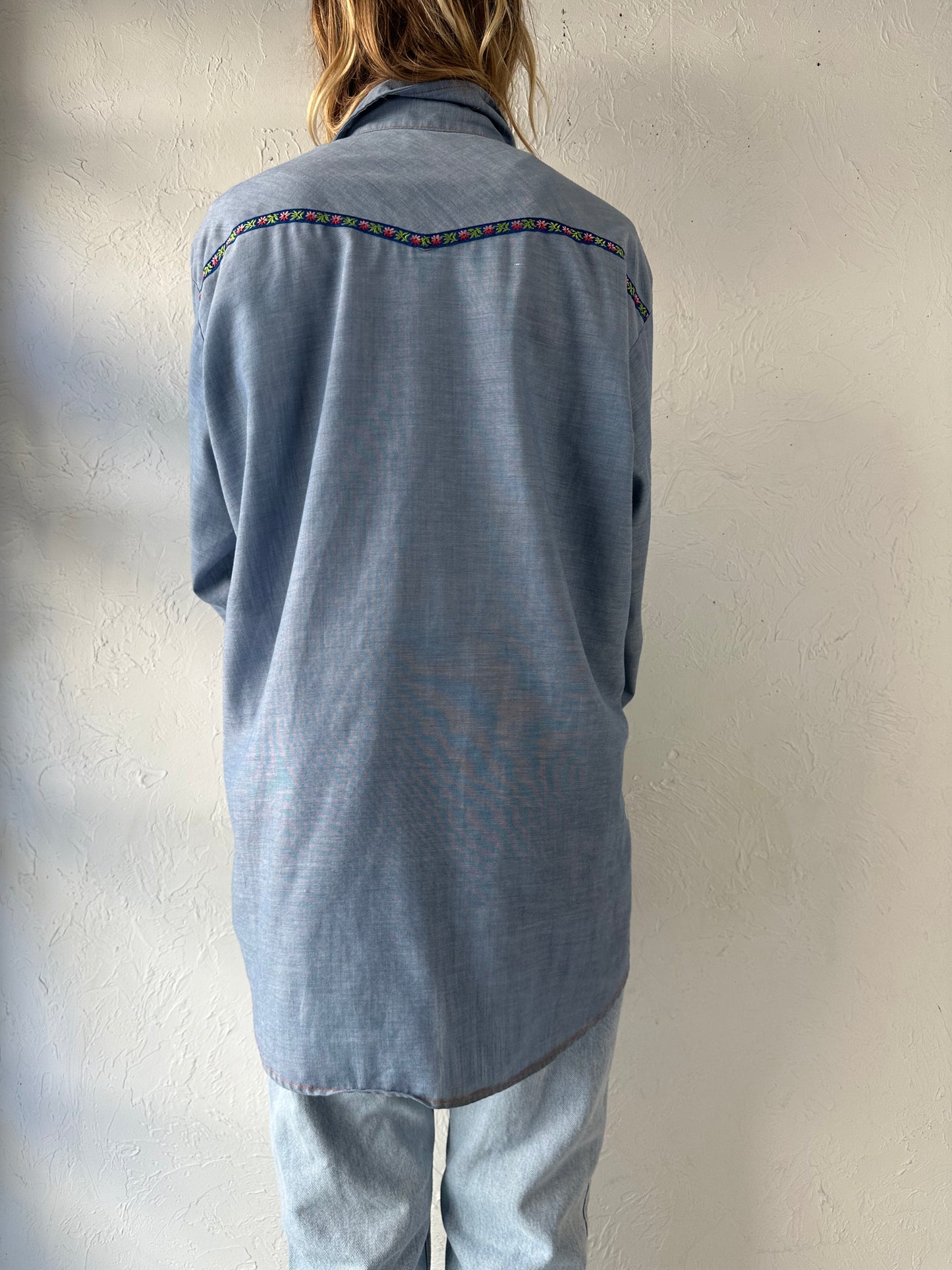 70s 'Big Mac' Blue Embroidered Pearl Snap Shirt / XL