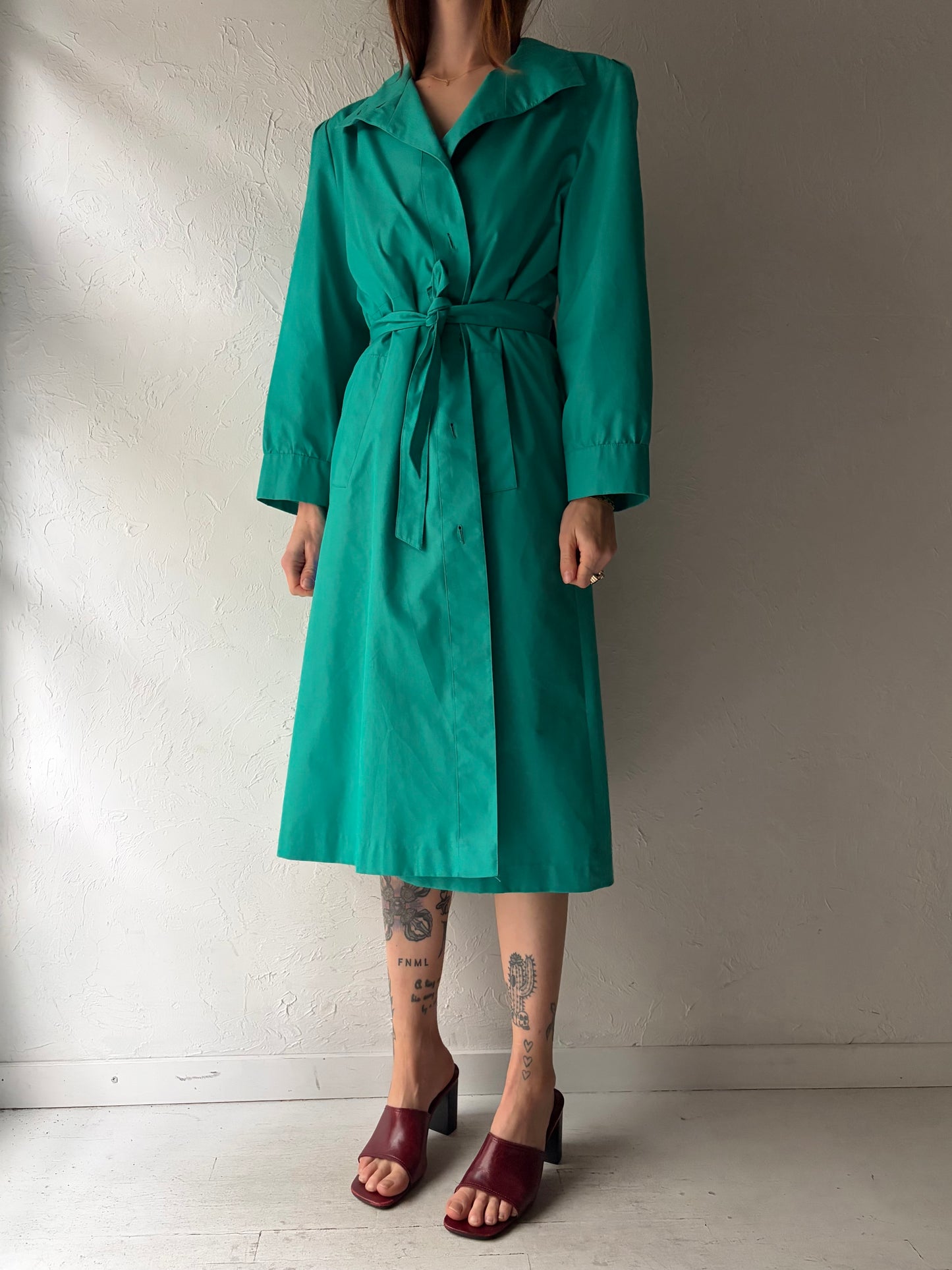 90s 'J. Gallery' Green Trench Coat / Vintage 90s Retro Minimalist Long Rain Jacket / Small