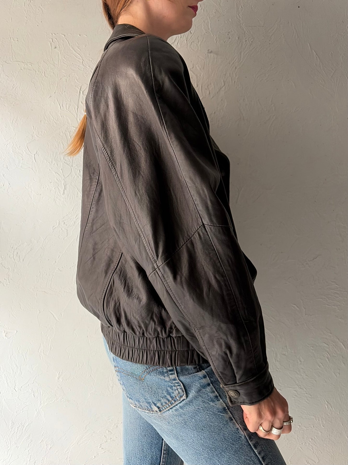 90s 'LNR' Soft Leather Bomber Jacket / Small