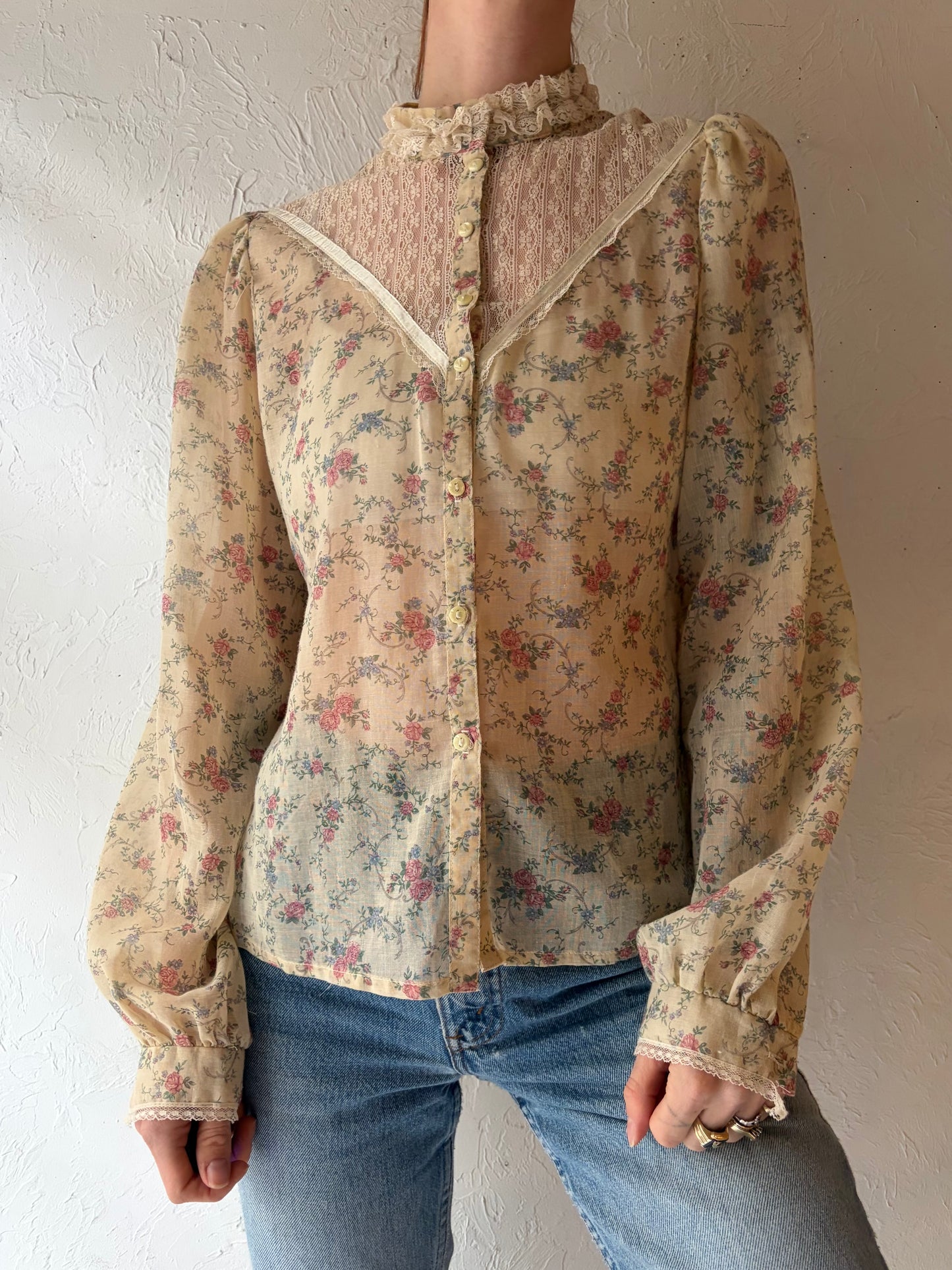 70s Cream Floral Cottage Core Peasant Top / Small