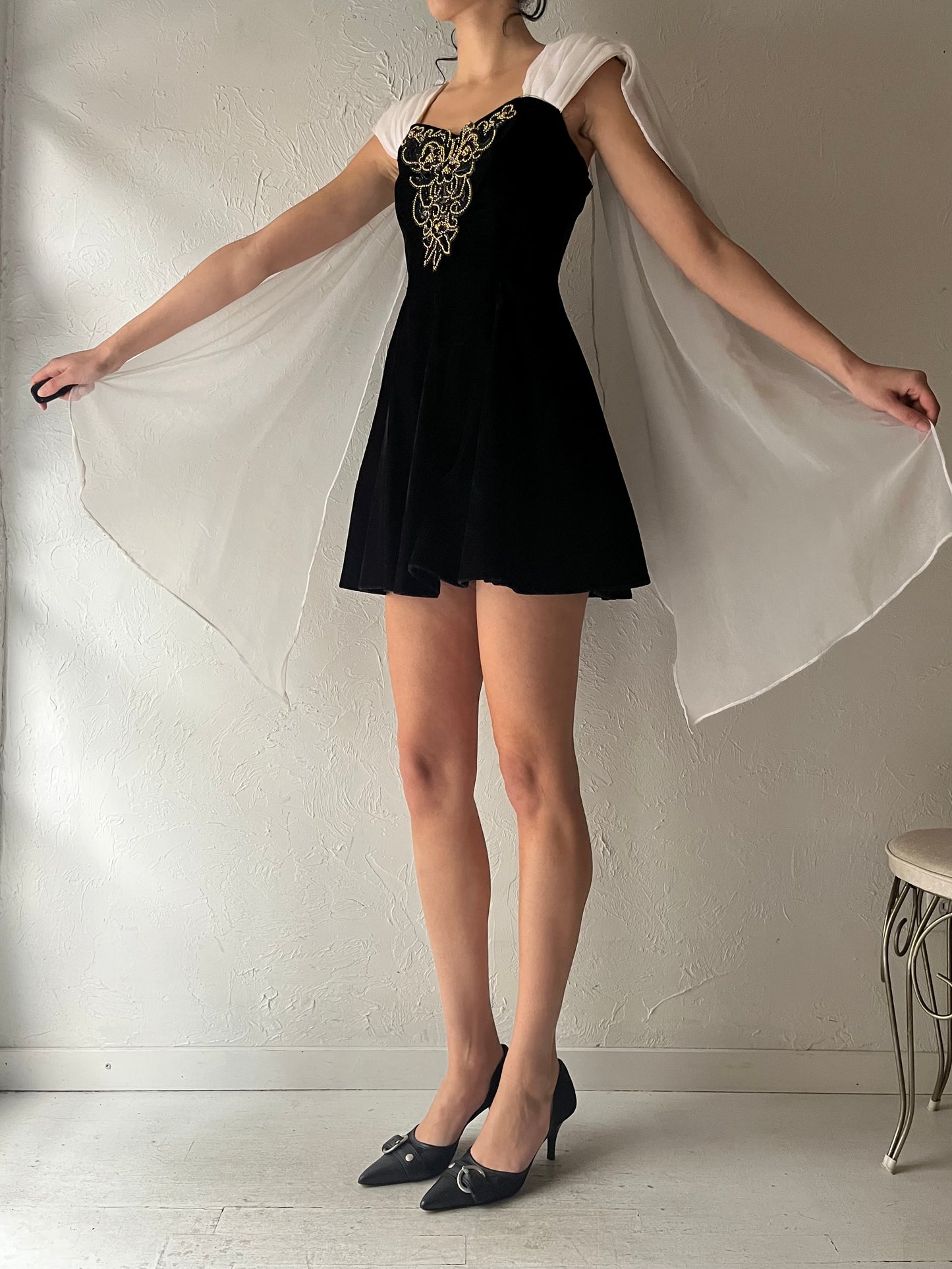 80s 'Dollar' Black Velvet Formal Mini Dress / Small