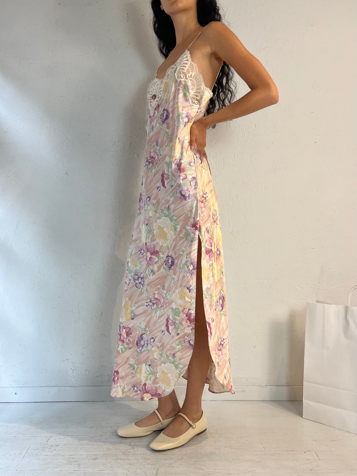 90s 'California Dynasty' Floral Slip Dress / Medium