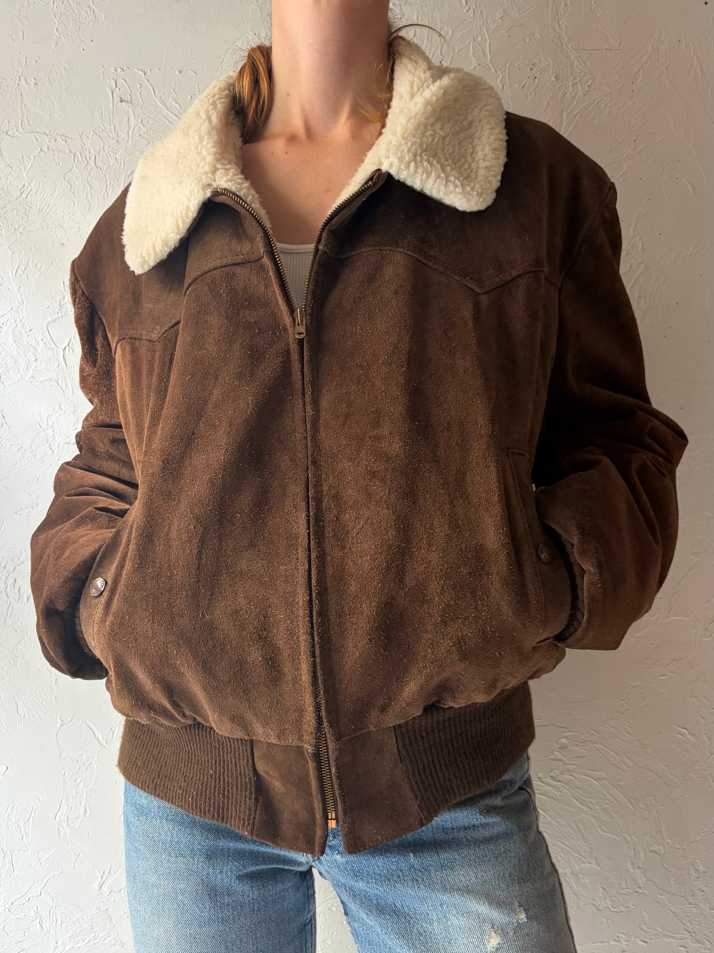 90s 'Cooper' Brown Suede Leather Flight Bomber Jacket / XL
