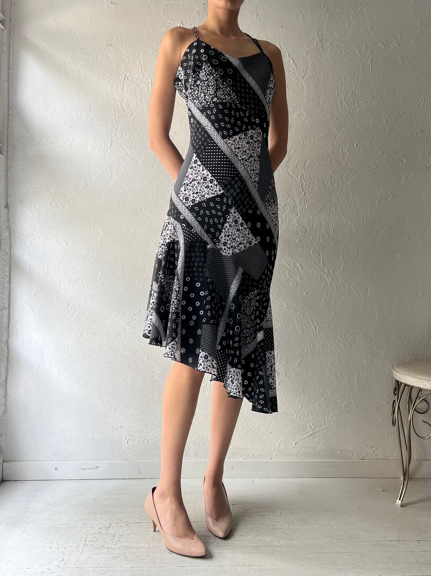 90s 'Jessica' Black Asymmetrical Patchwork Dress / Medium