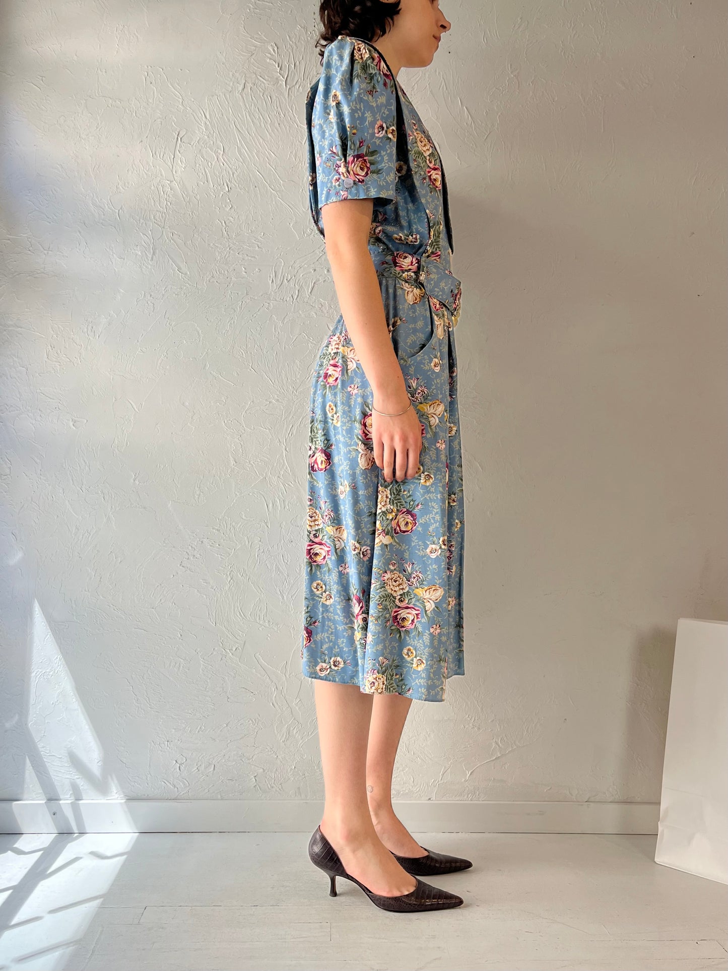 80s 'SL Petites' Blue Floral Print Collared Dress / Medium