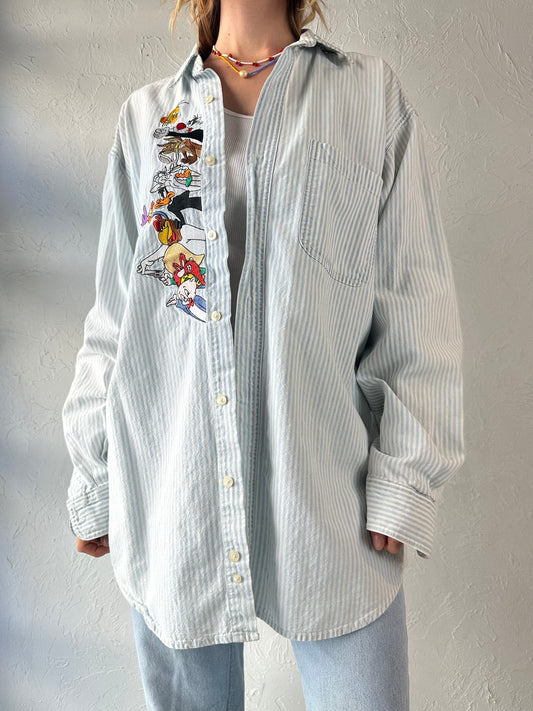 90s Looney Tunes Striped Button Up Shirt / Large