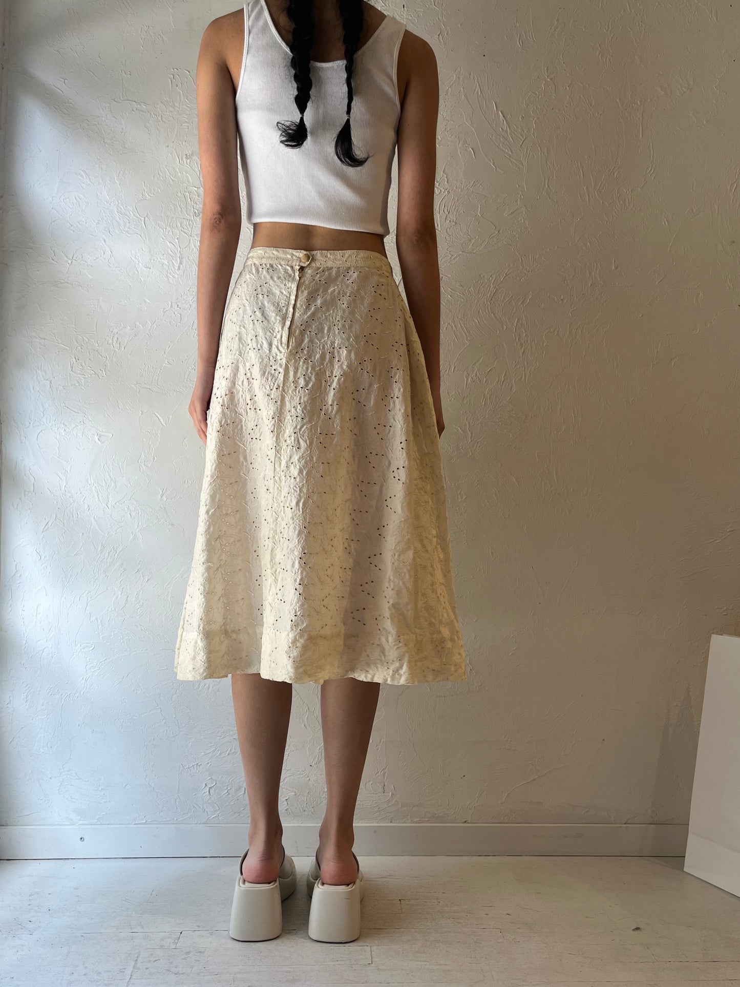Vintage Cream Eyelet Butterfly Print Midi Skirt / Small