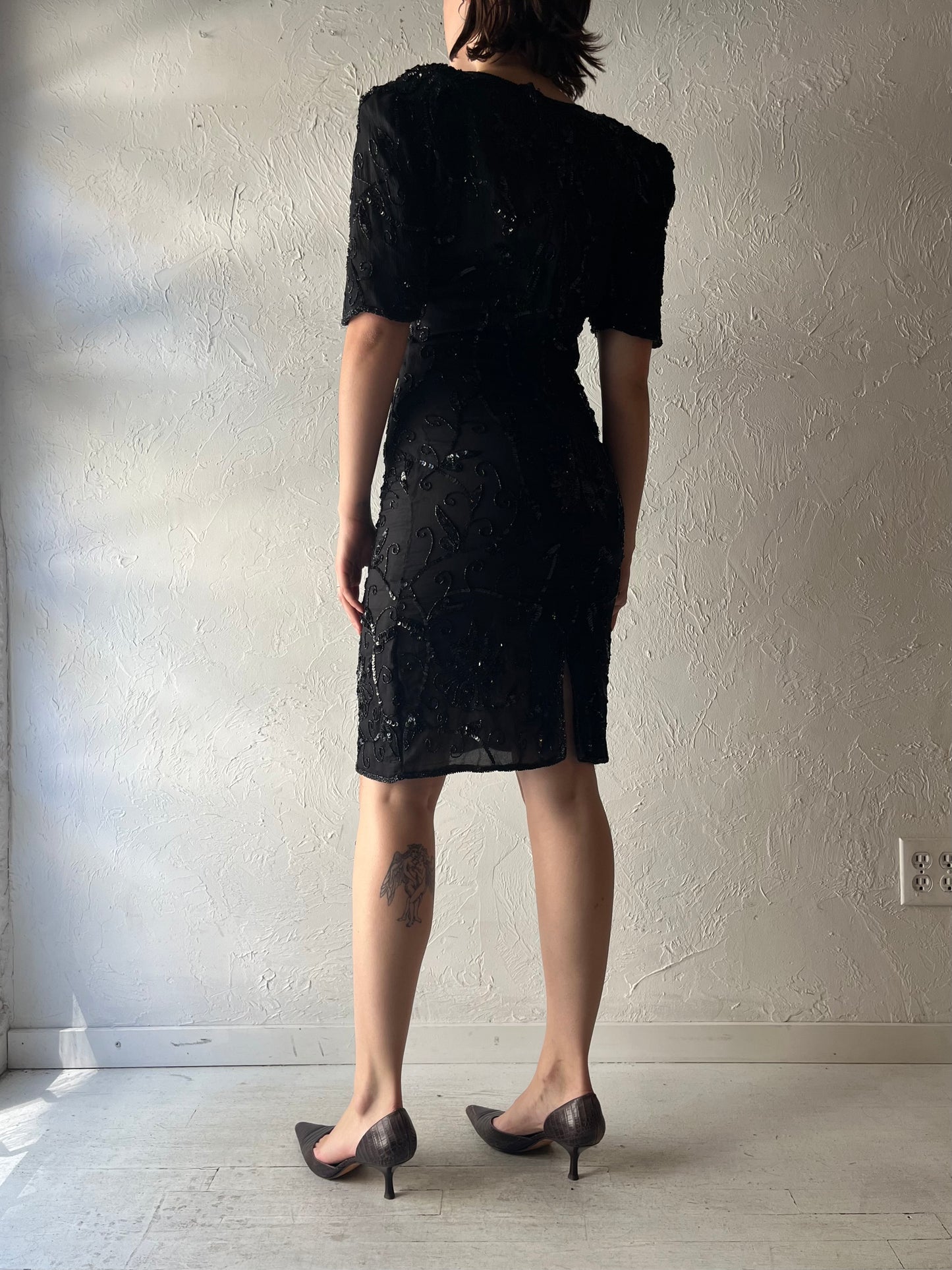 90s Retro Black Sequence Silk Mini Party Dress / Vintage 1990s Holiday Cocktail Formal Dress / Medium