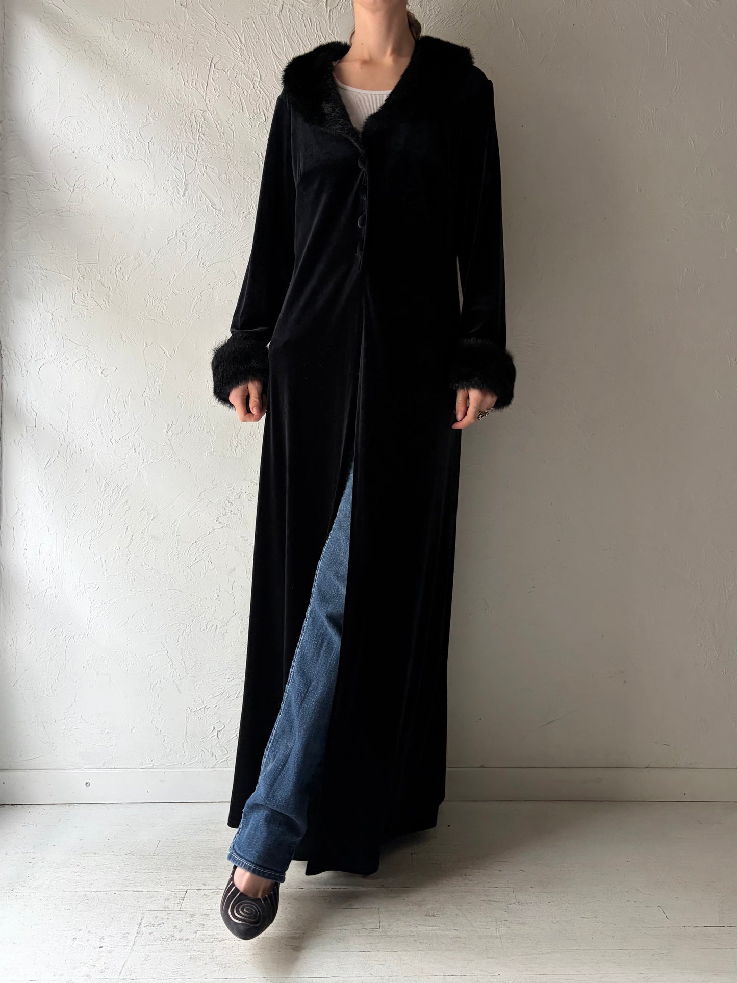 90s 'Onyx Nite' Black Velvet Long Coat / Large