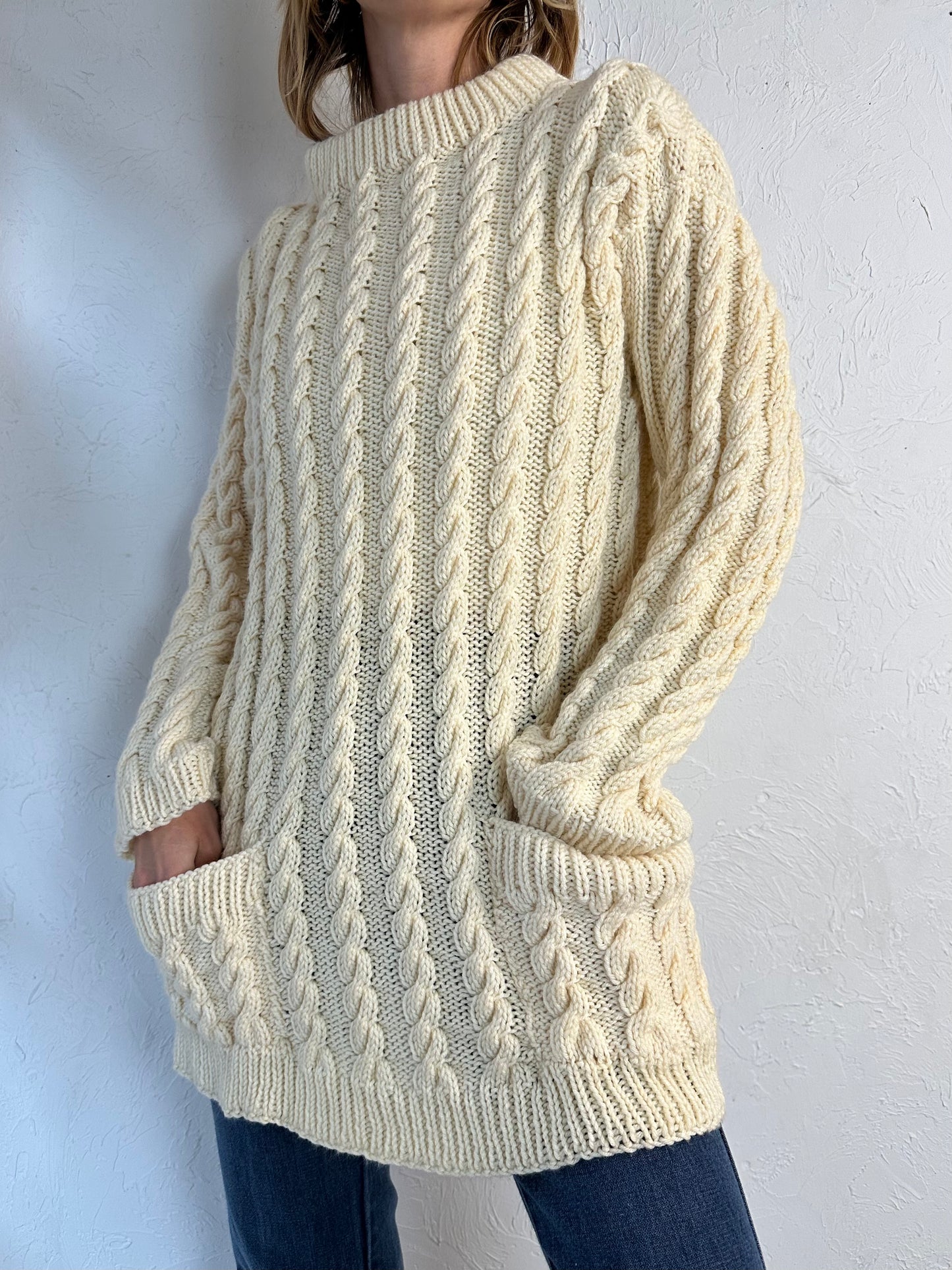 Vintage Hand Knit Cream Cable Knit Mock Neck Sweater / Medium