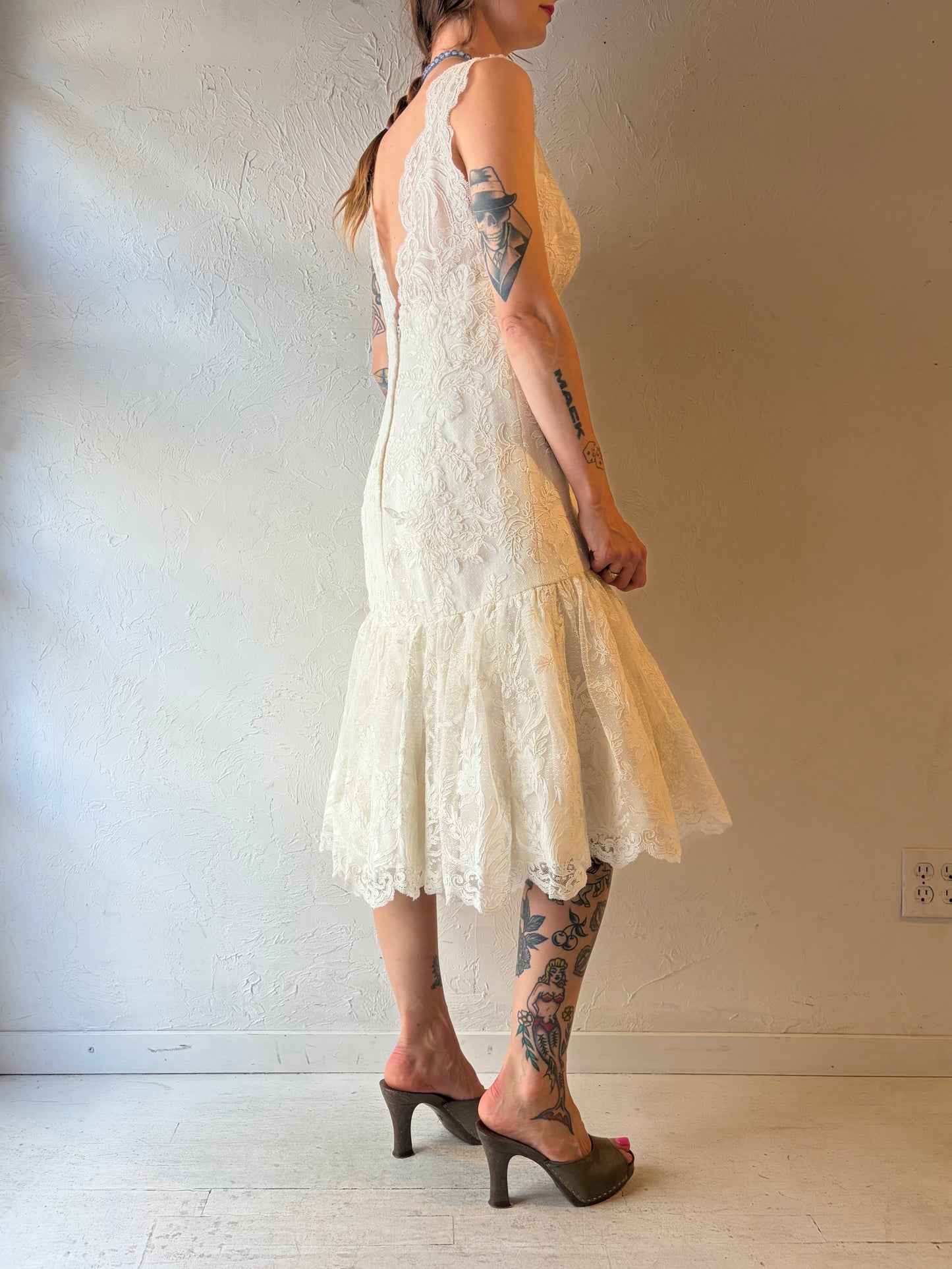 90s 'Waters Brides' White Romanic Lace Formal Bridal Midi Dress / Medium