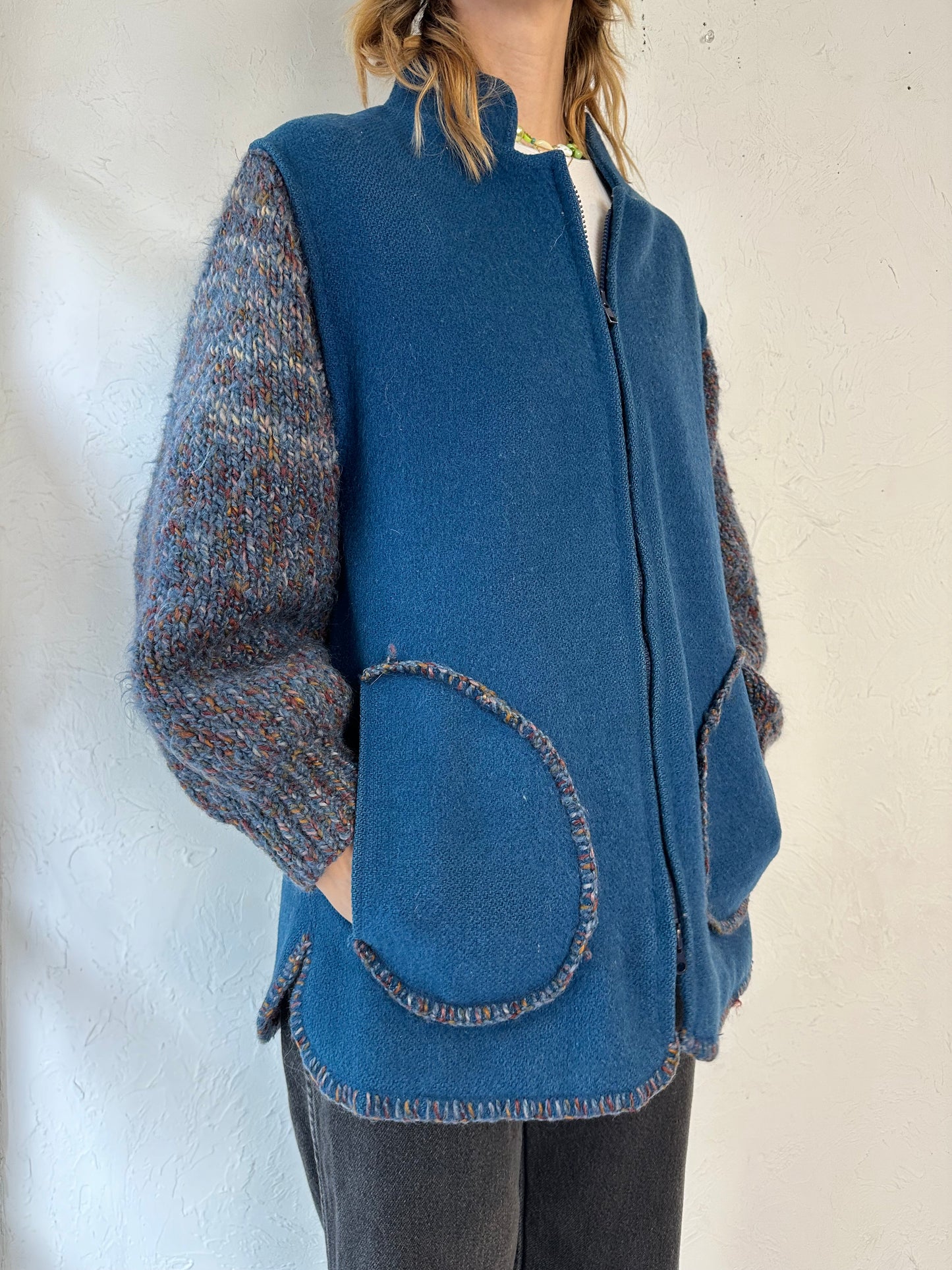 Vintage Hand Knit Wool Jacket with Knit Sleeves / Medium