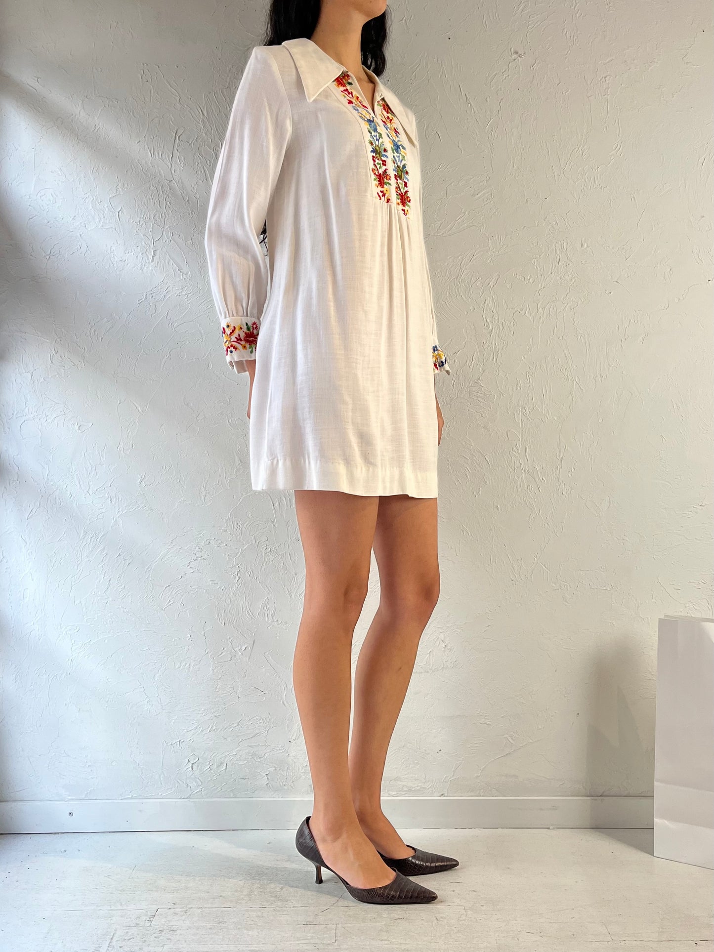 70s Embroidered Long Sleeve Mini Dress / Union Made / Small