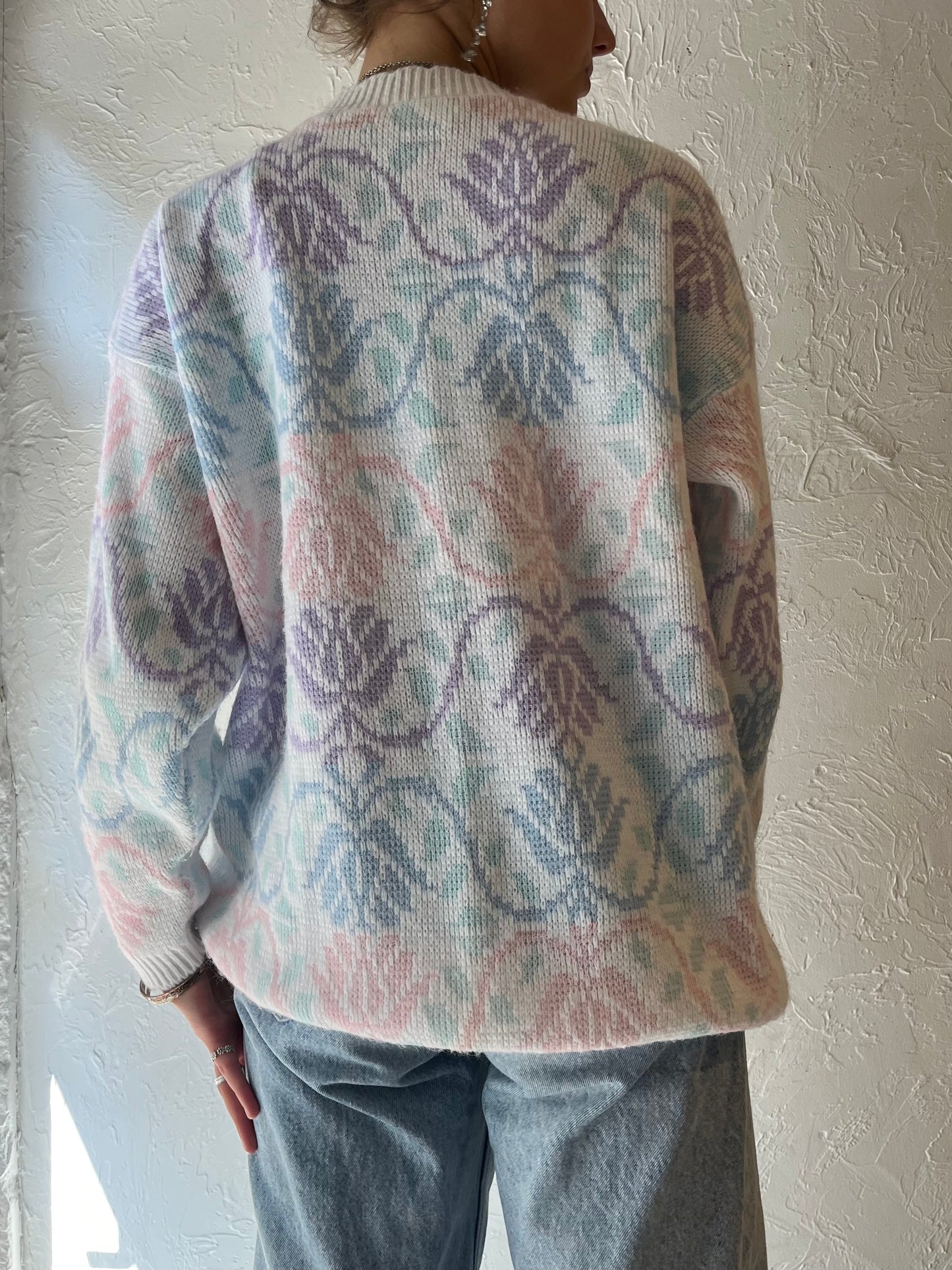 90s 'Classic Essentials' Floral Knit Sweater / Medium