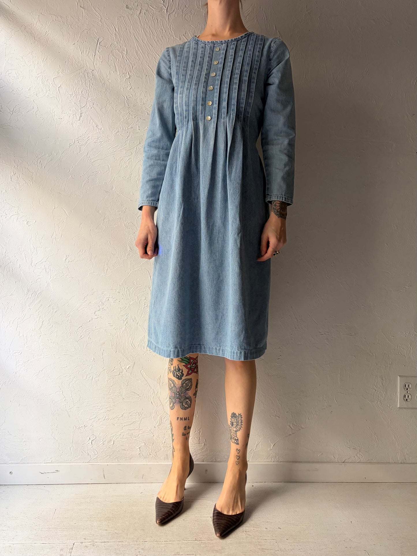 90s 'Studio Ease' Light Denim Western Long Sleeve Midi Dress / Vintage 1990s Cowboy Dress / Small