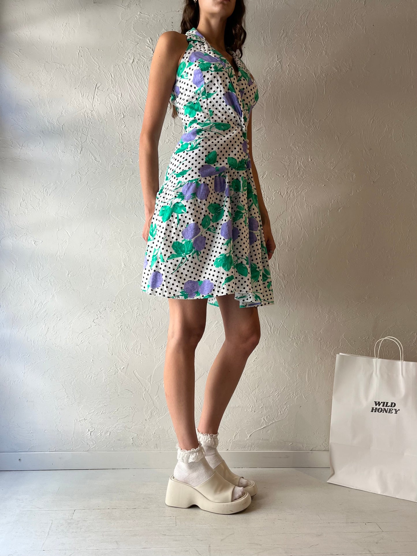 90s 'Passport' Collared Cotton Polka Dot Dress / Small