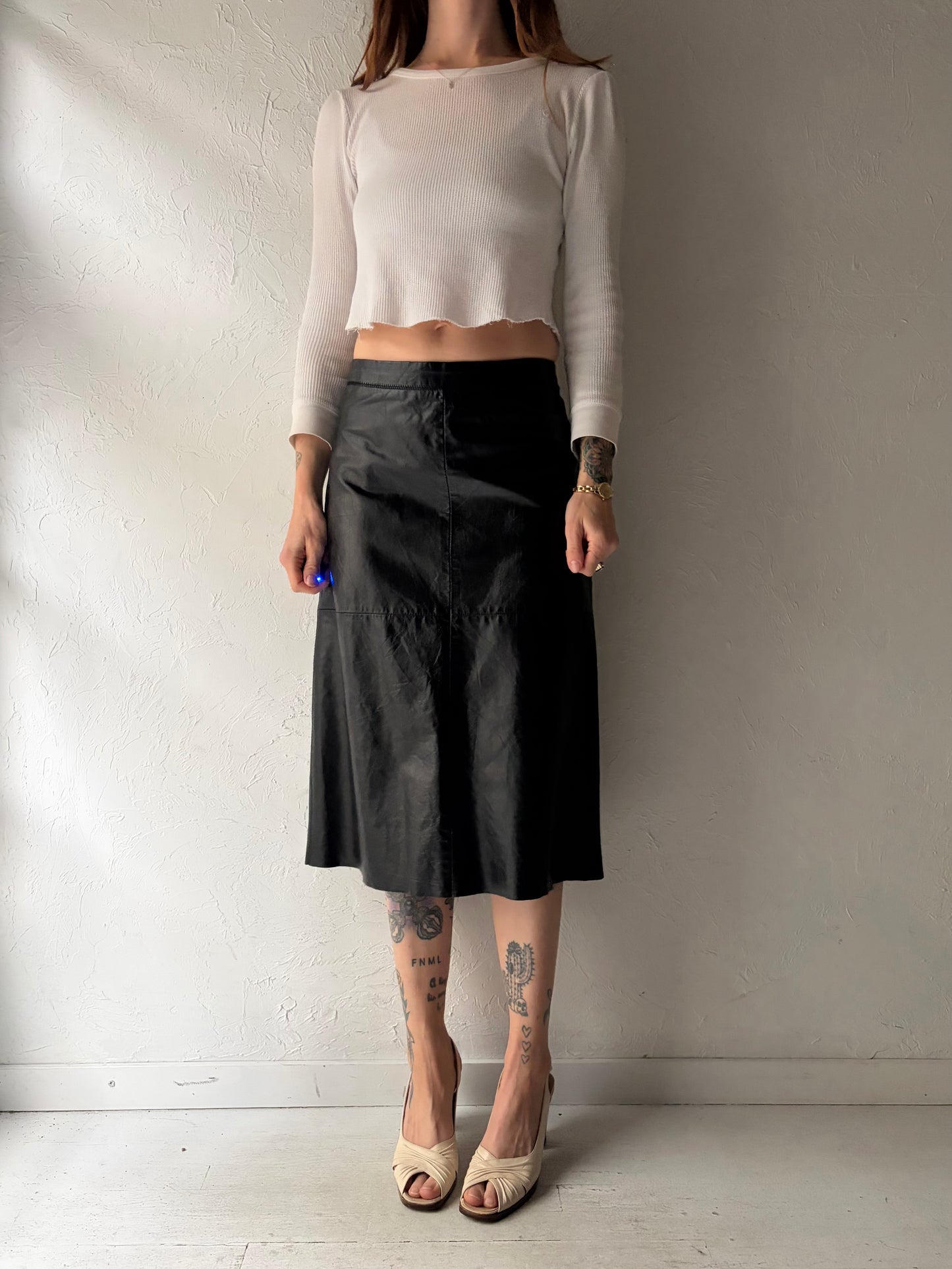 90s 'Gap' Black Leather Dark Academia Midi High Waisted Skirt / Small