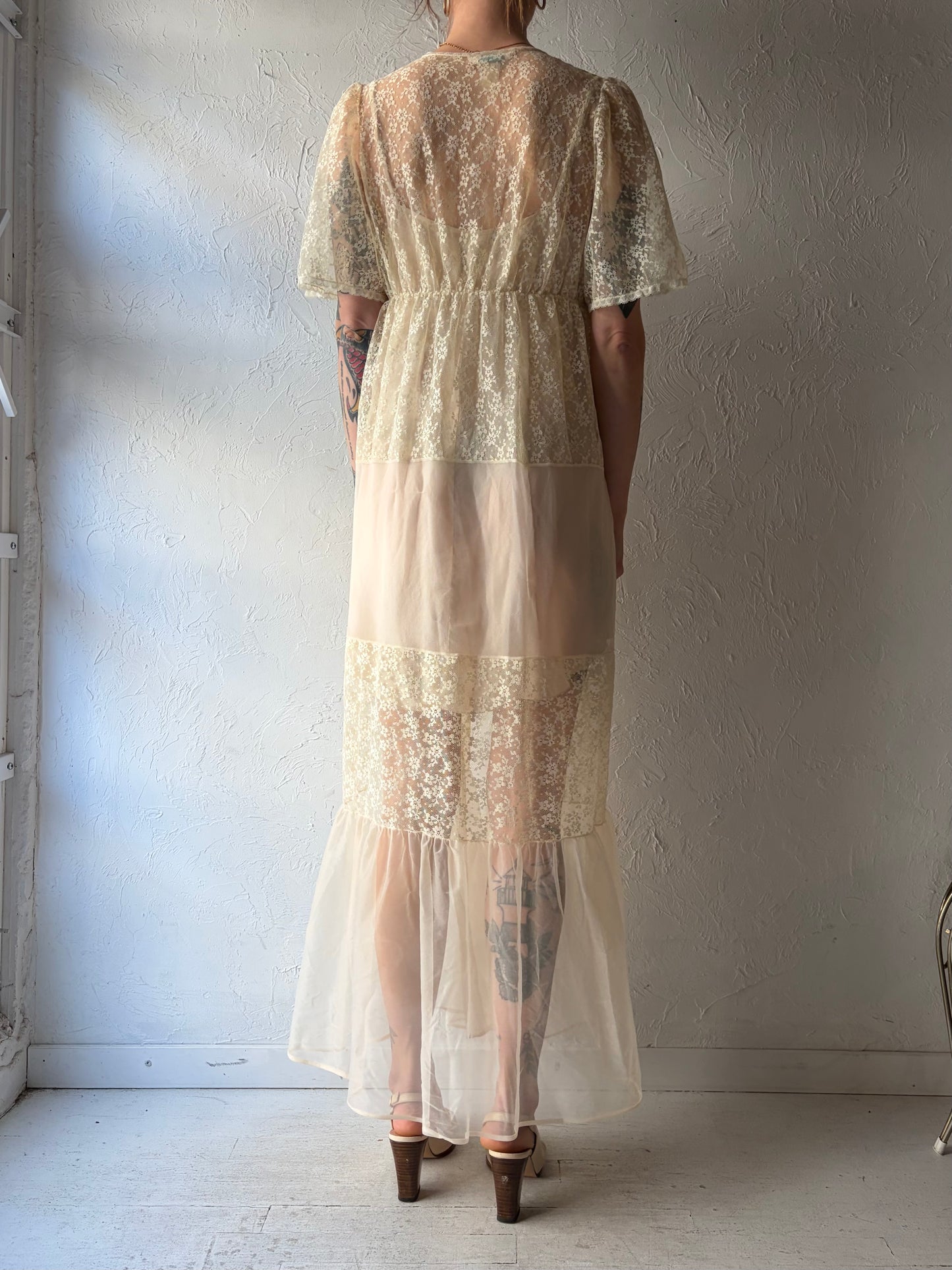 80s 'Movie Star' Cream Lacey Peignoir Robe / Small