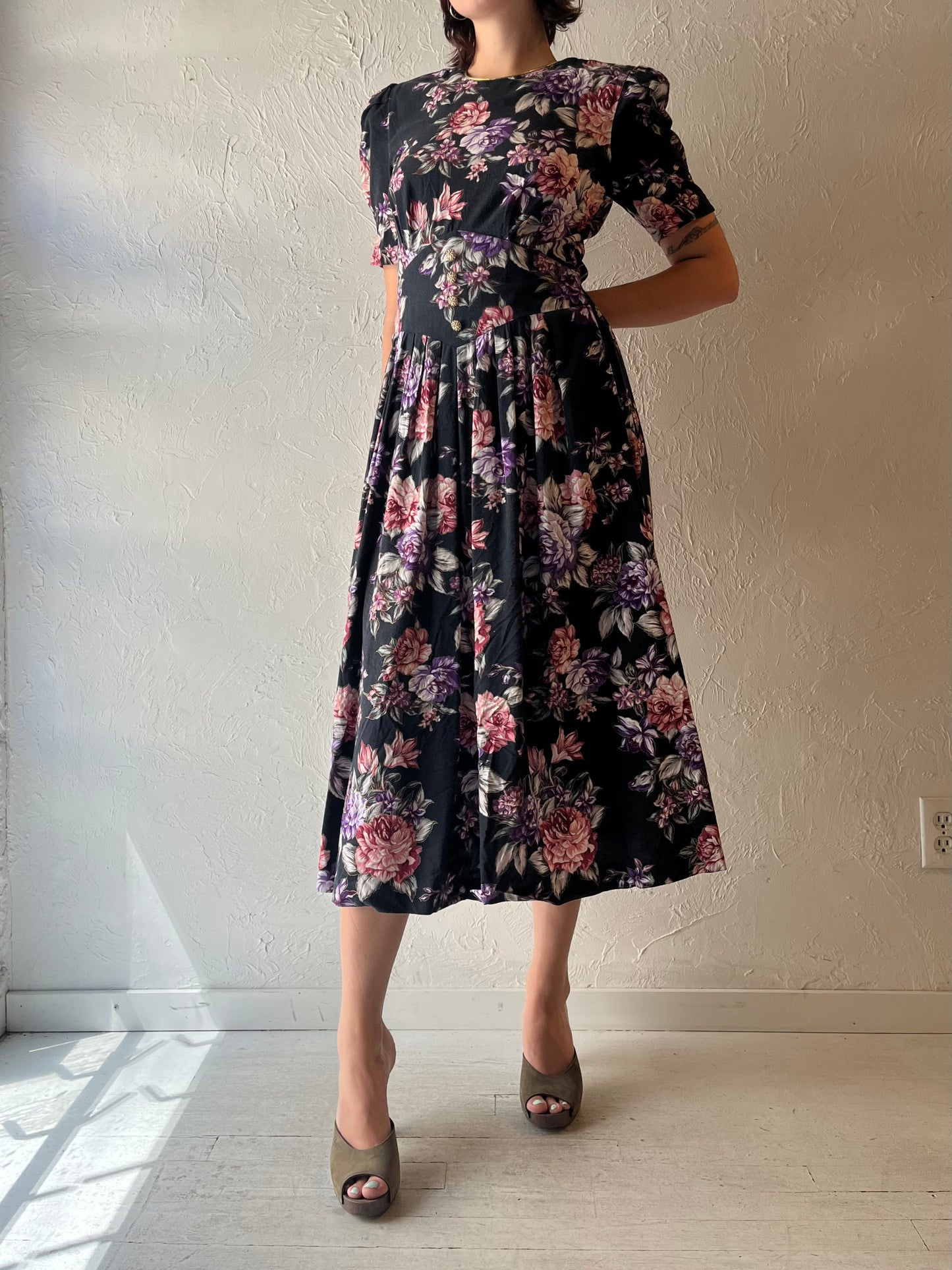 80s 'Miss Dorby' Black Floral Retro Summer Garden Party Midi Dress / Vintage 1980s Cottagecore Prairie Sun Dress / Medium