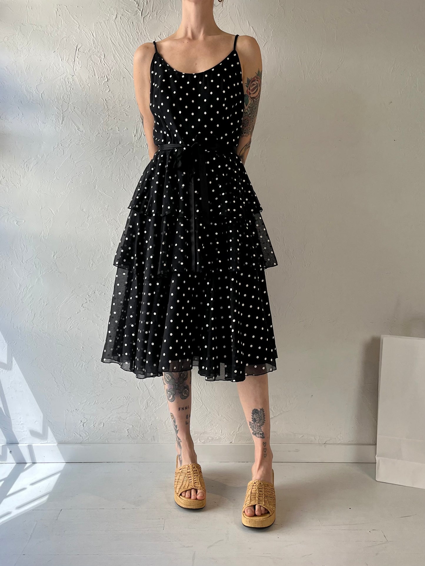 90s 'JB' Black Polka Dot Ruffle Dress / Small