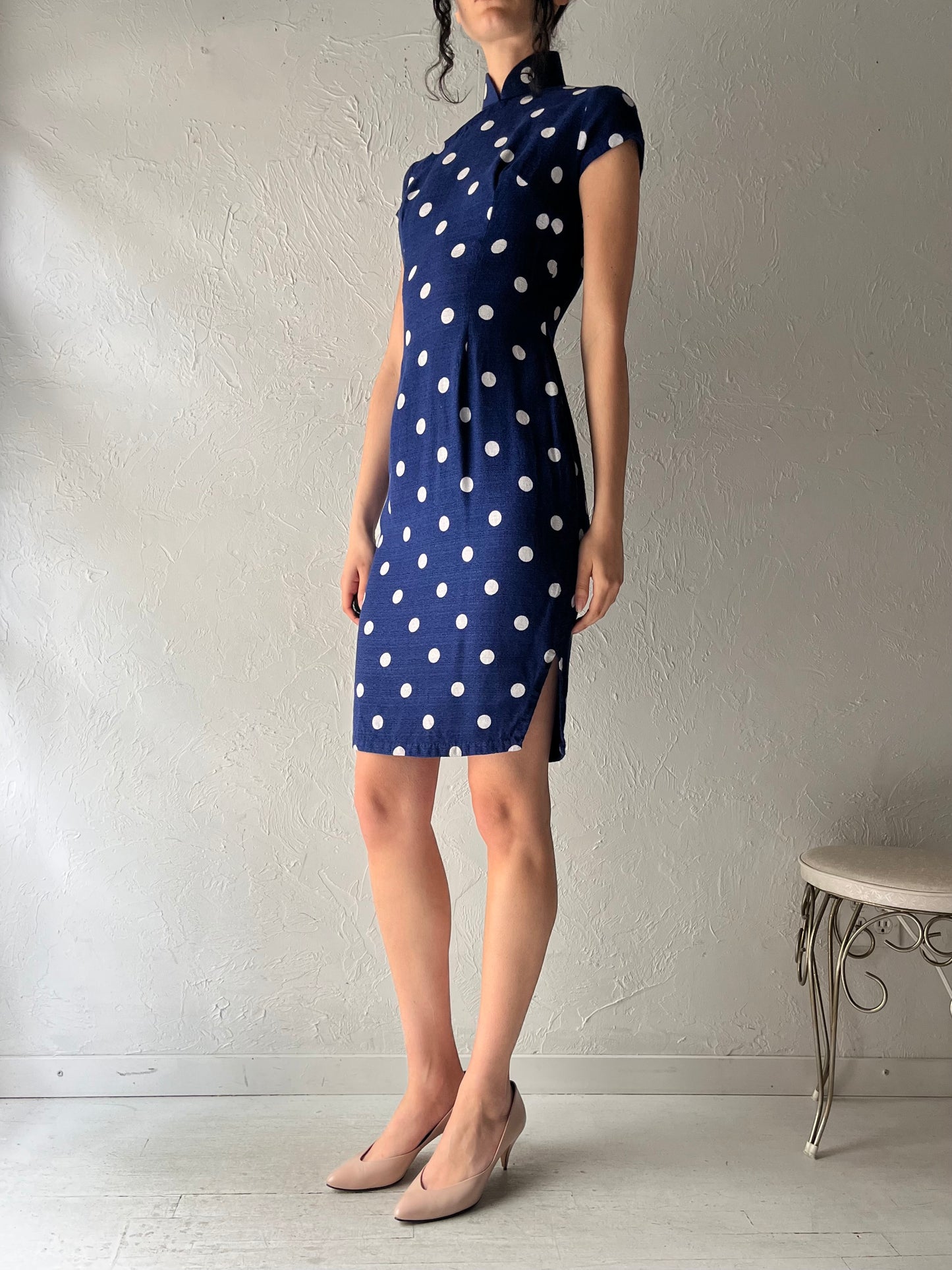 60s Blue Polka Dot Retro Pinup Rockabilly Summer Dress / Small