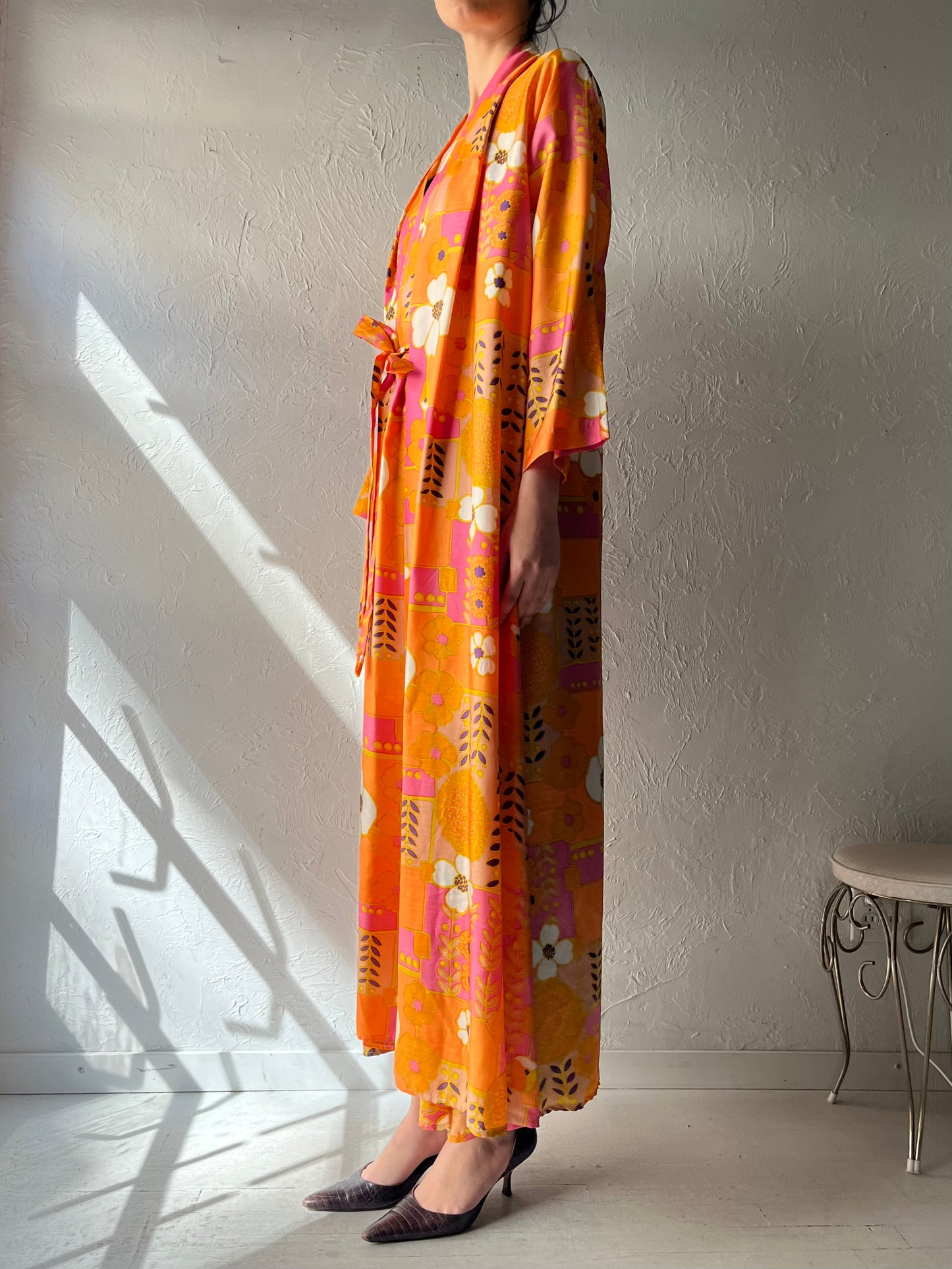 70s 'Kayser' Floral Robe Wrap Hippie Retro Dress / Large