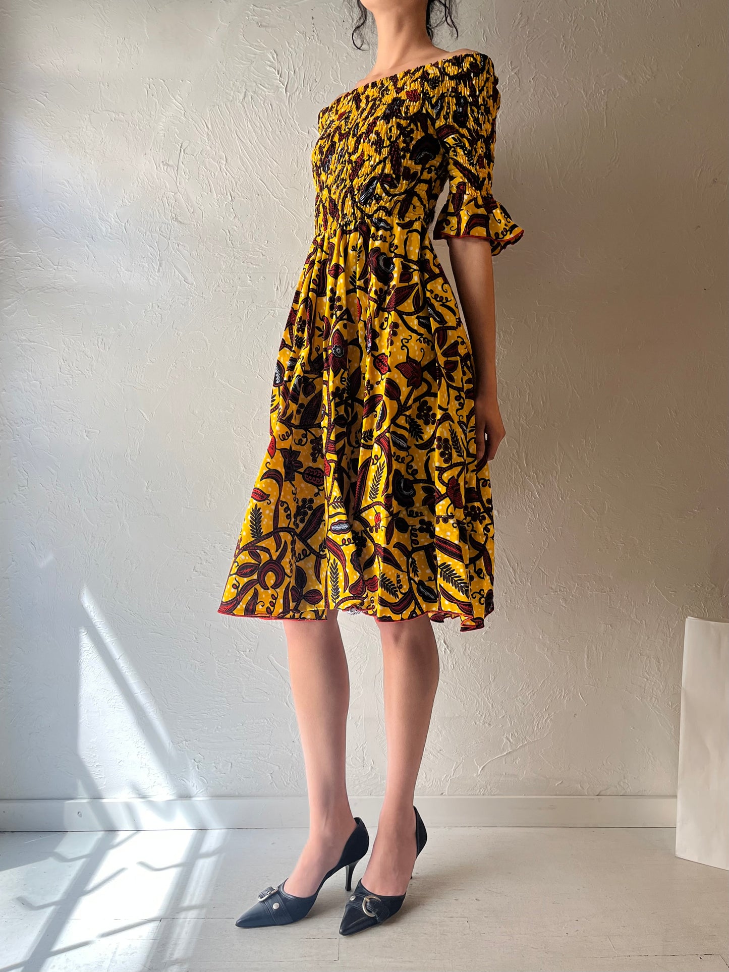 90s Yellow Abstract Smocked Dress / Small