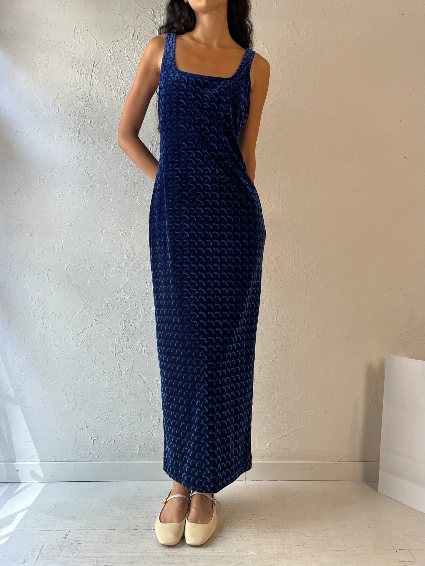 90s 'Algo' Blue Velvet Maxi Dress / Medium