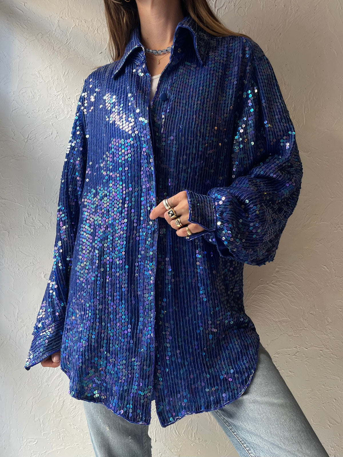 90s ‘VCI Designs’ Blue Sequin Silk Retro Disco Party Oversized Blouse / Meidum
