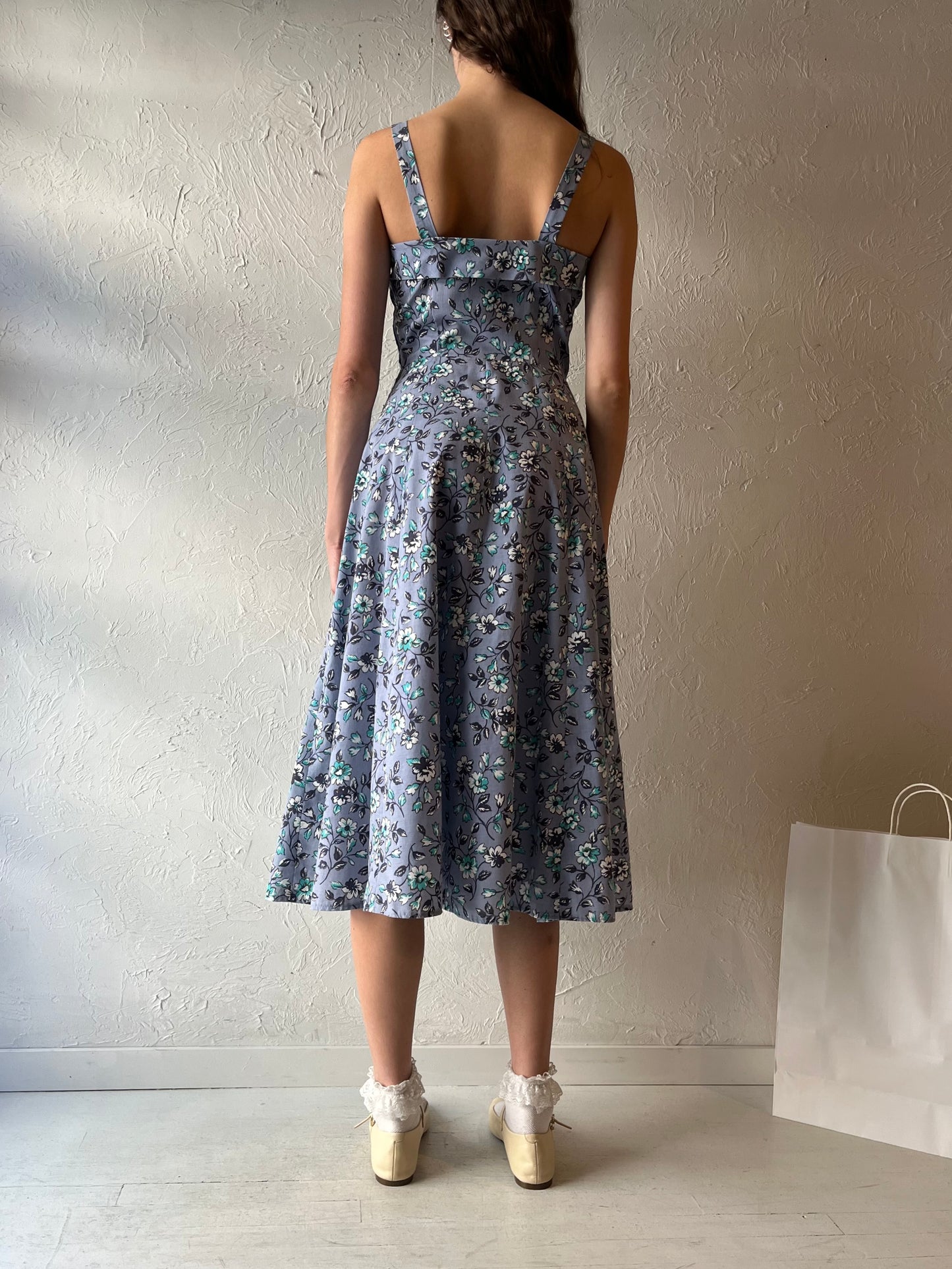 Vintage Handmade Blue Floral Print Midi Dress / Small