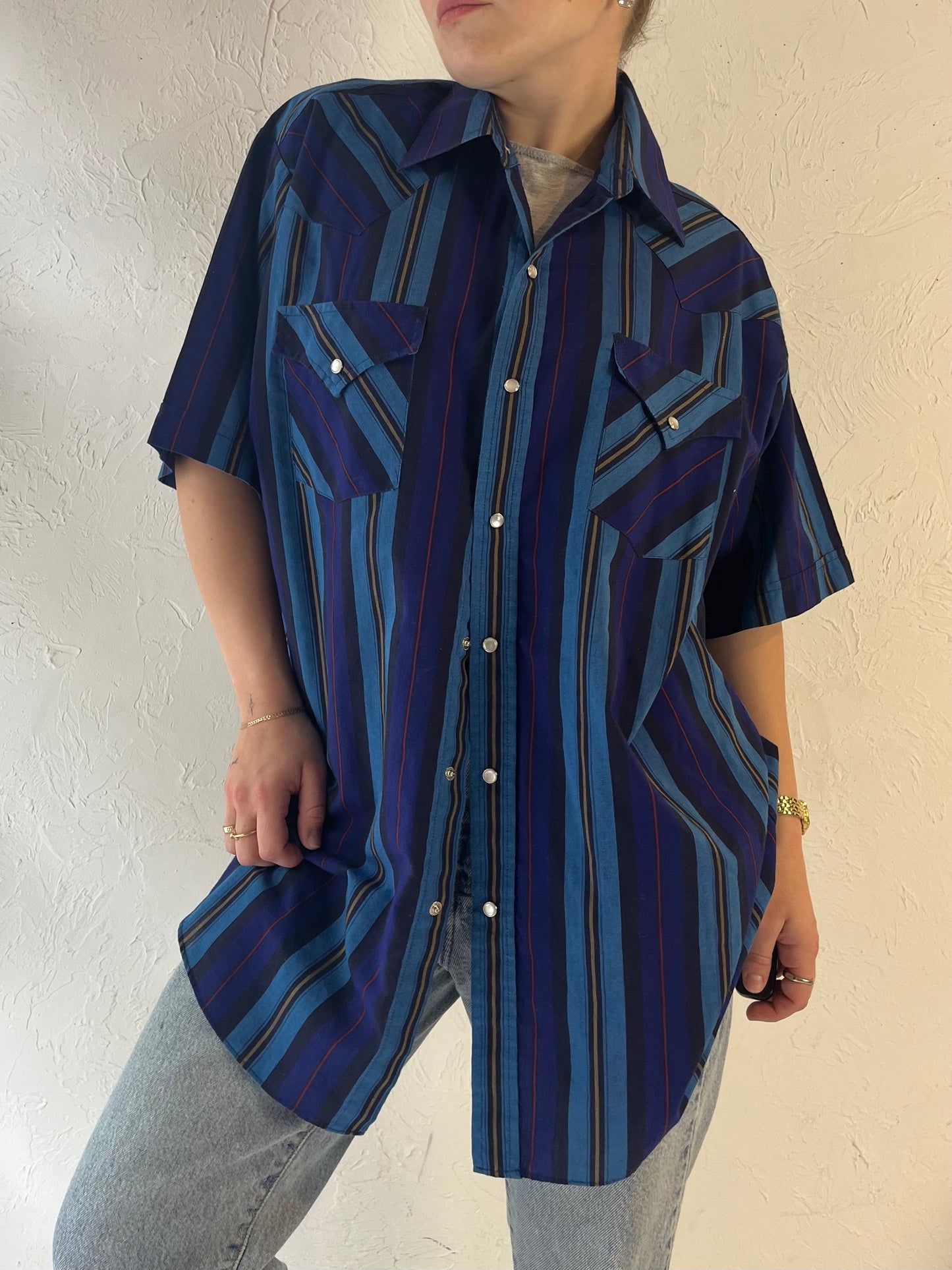 Y2k 'Ely' Blue Striped Pearl Snap Western Shirt / Large