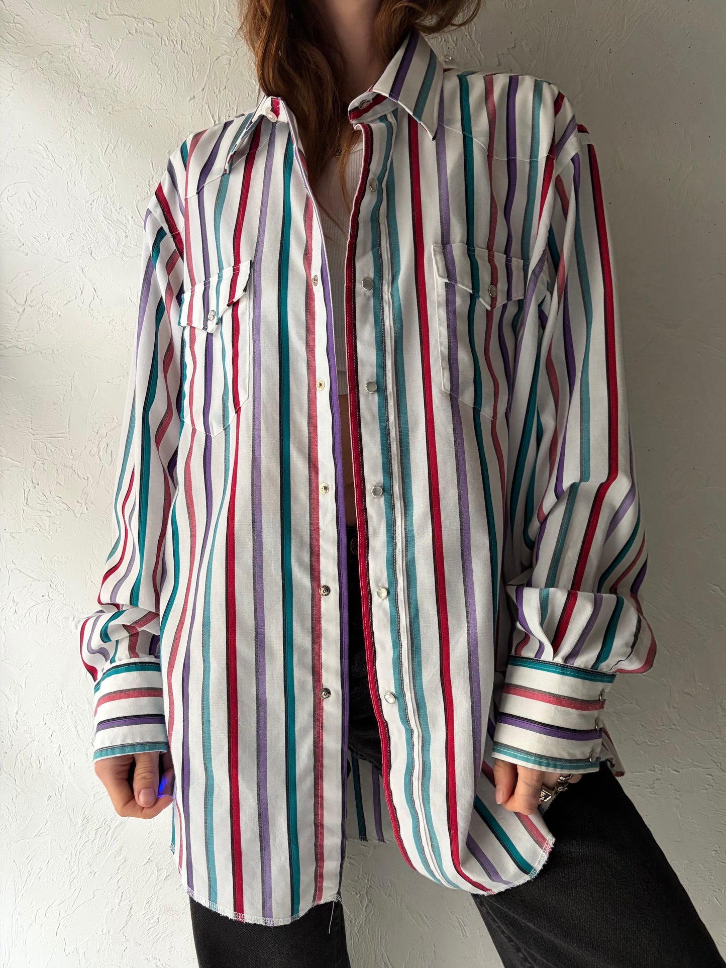 80s 'Wrangler' Stripped Western Pearl Snap Shirt / Vintage 1980s Cowboy Workwear Shirt / Large