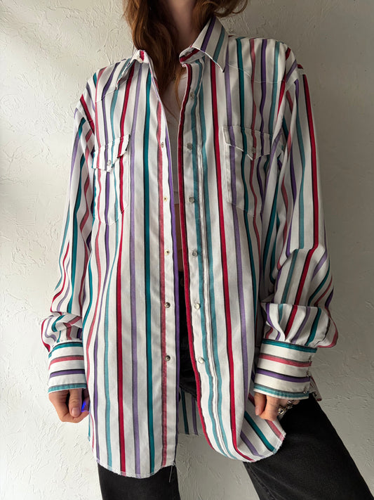 80s 'Wrangler' Stripped Western Pearl Snap Shirt / Vintage 1980s Cowboy Workwear Shirt / Large