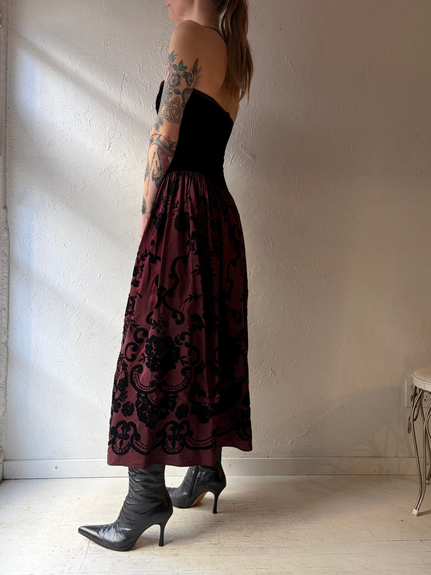 80s 'Scott McClintock' Strapless Burnt Velvet Formal Dress / Small
