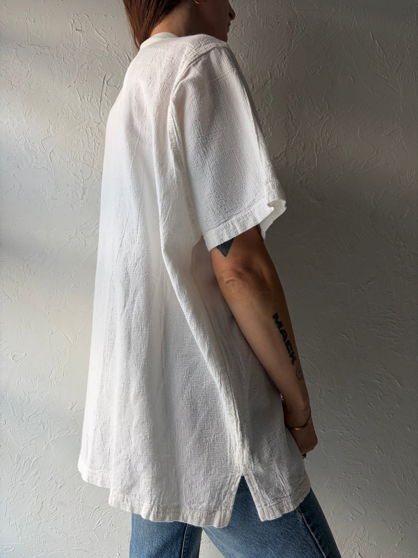 90s 'Ezze Wear' White Snap Up Cotton Shirt / Medium