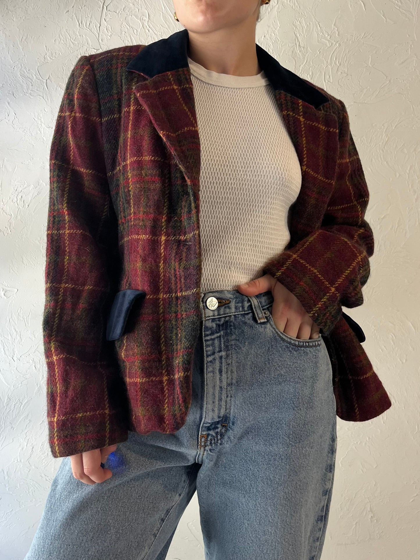 90s 'Jones New York' Knit Wool Plaid Blazer Jacket / Medium