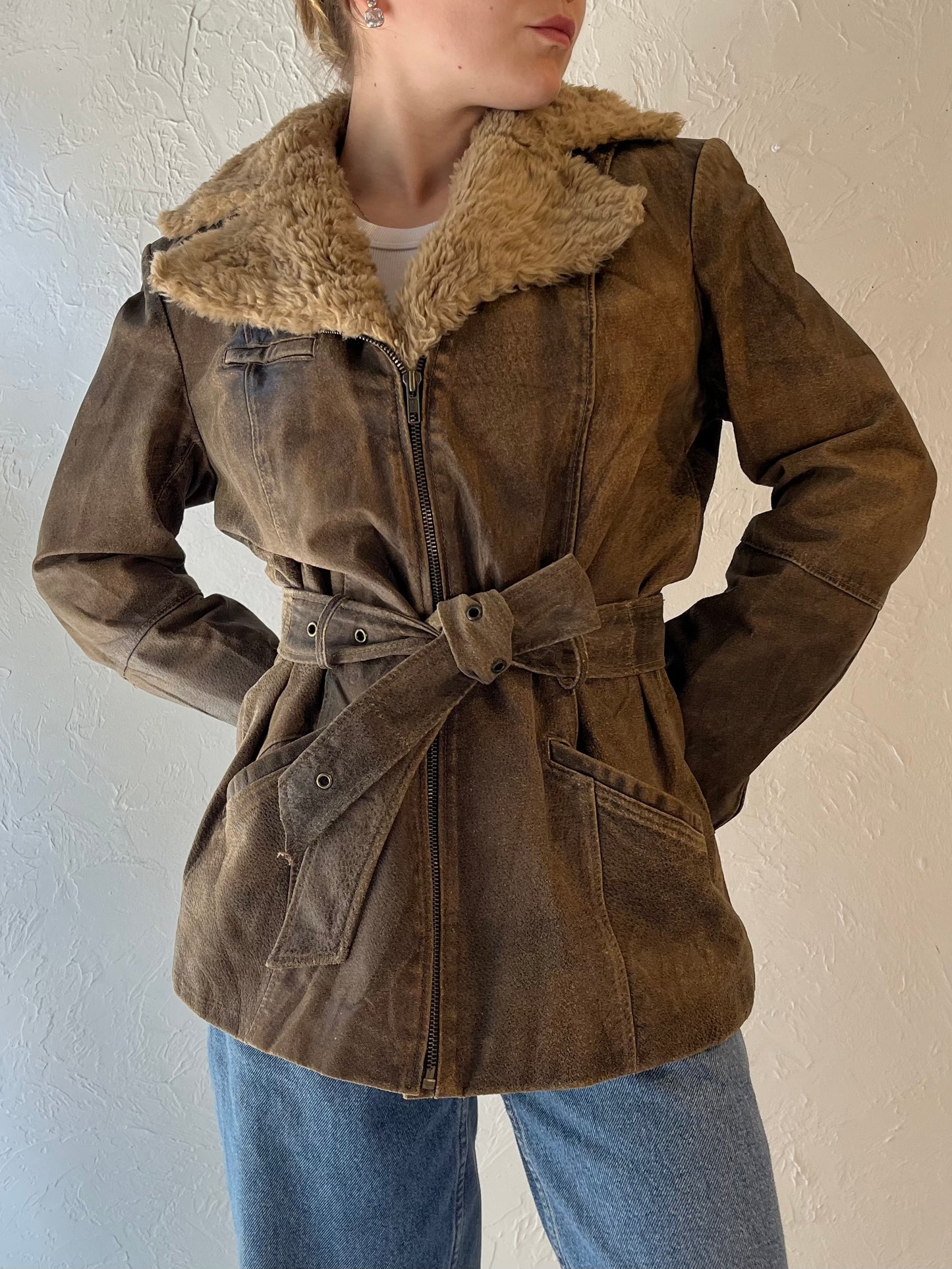 Y2k 'Winlit' Brown Leather Jacket with Faux Fur Trim / Small