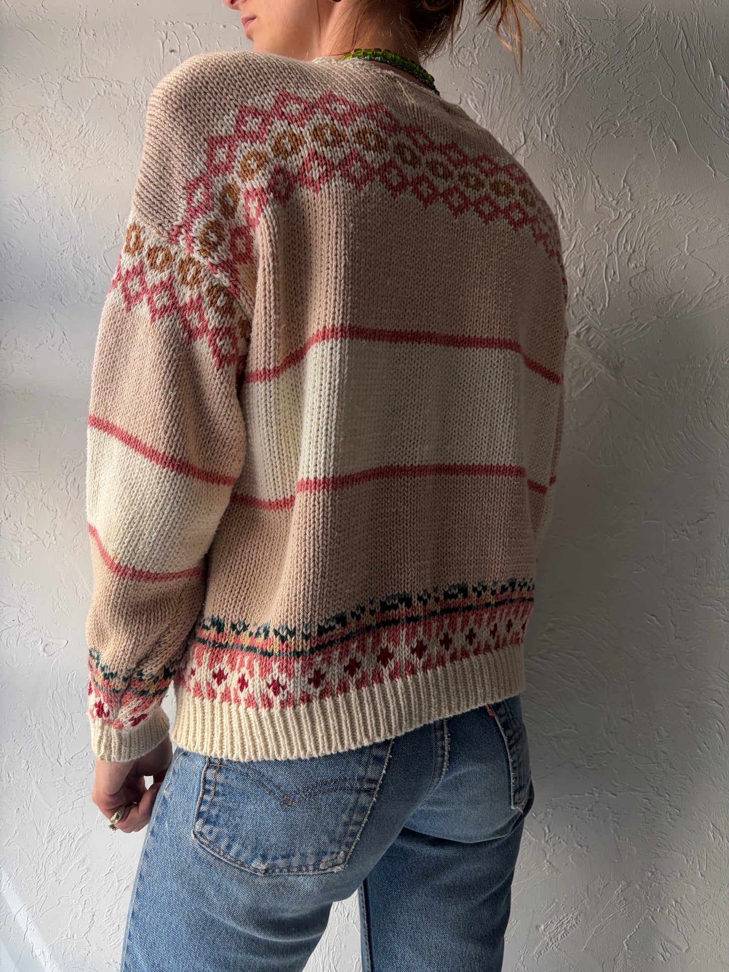 Vintage Cotton Knit Floral Cardigan Sweater / Large