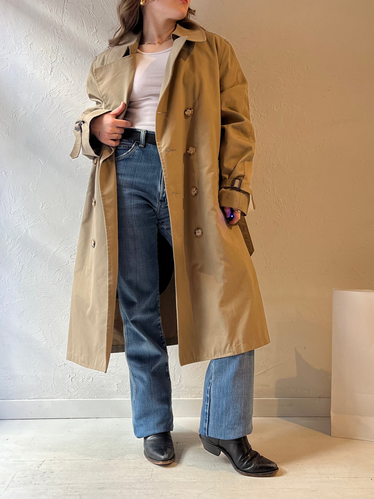 90s 'Clipper Mist London Town' Beige Faux Fur Lined Trench Coat / Medium